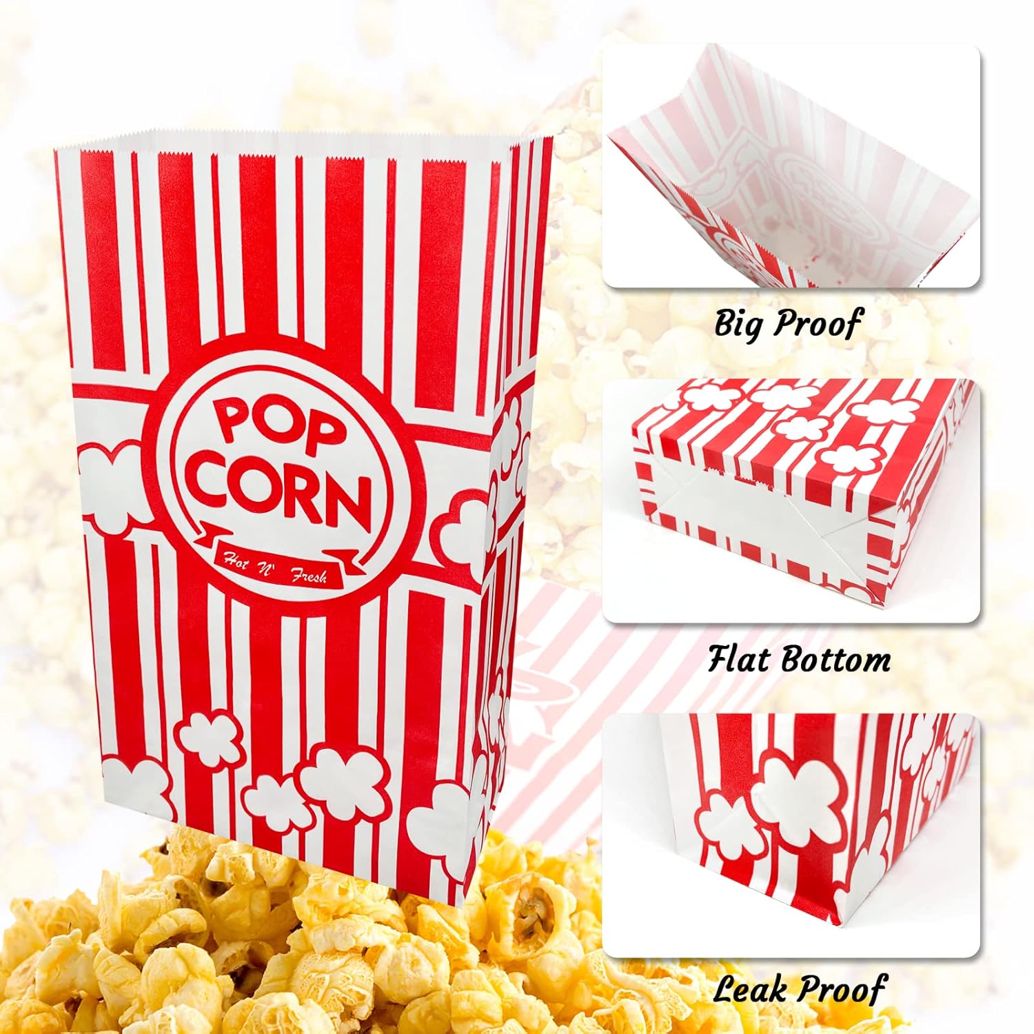 50 bolsas de palomitas de maíz de fondo plano, bolsas de papel de 2 onzas para la familia, noche de película, béisbol, carnaval, Navidad, fiesta de