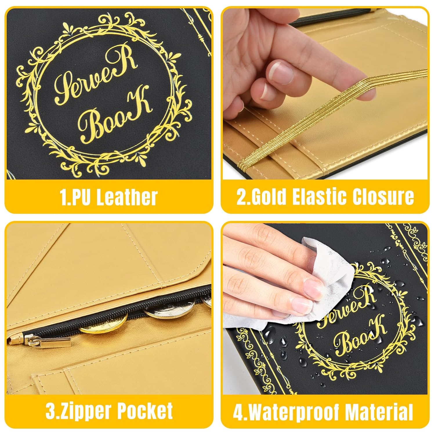 Libretas para camarera, organizador con bolsillo con cremallera, lindo libro de servidor, cartera de cuero para camarero, folleto de chequera,