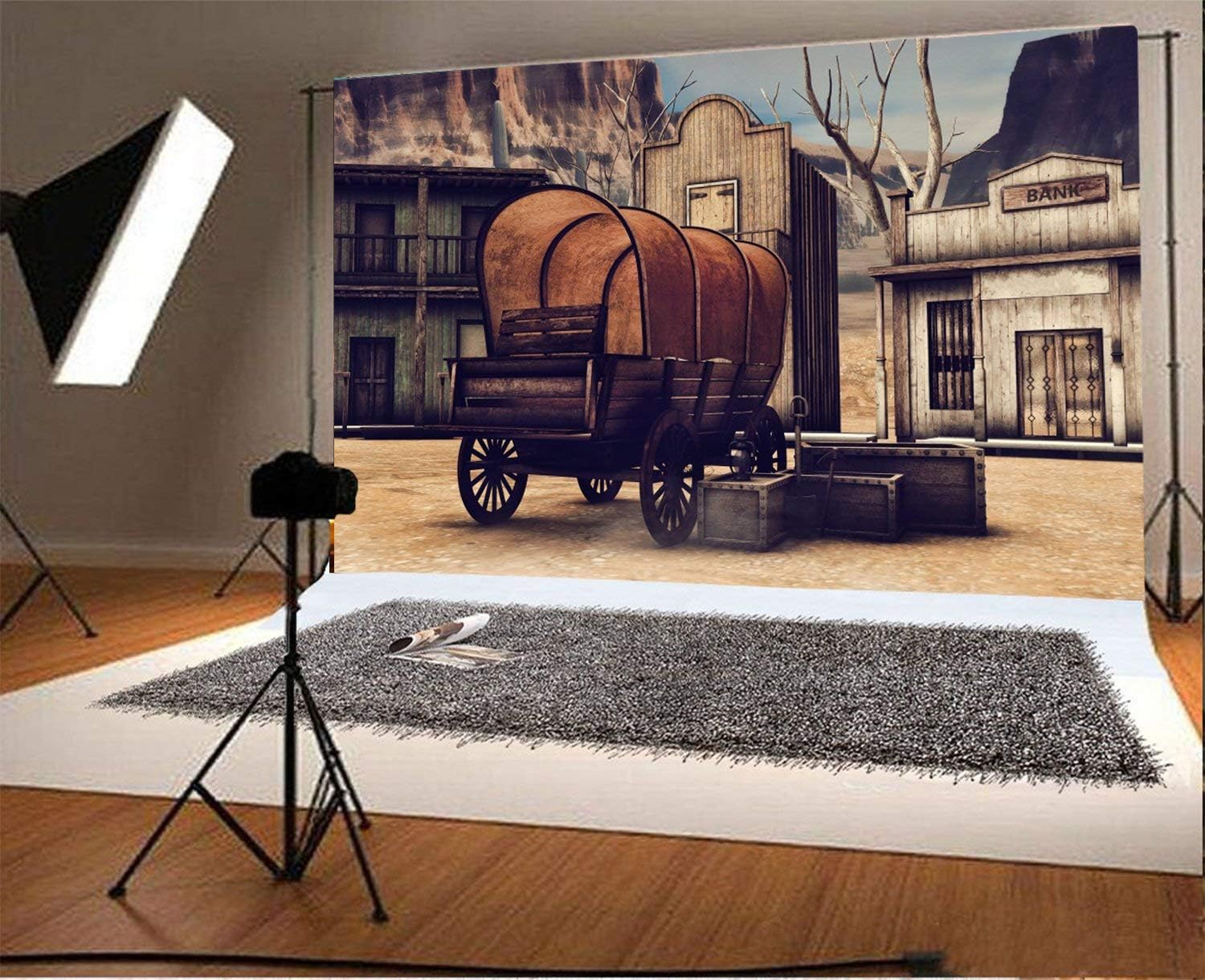 Laeacco Fondo occidental de madera de 7x5FT Fondo de fotografía de ciudad de madera Ancient Old Wagon Wild West Scene Banic House Wood Grunge