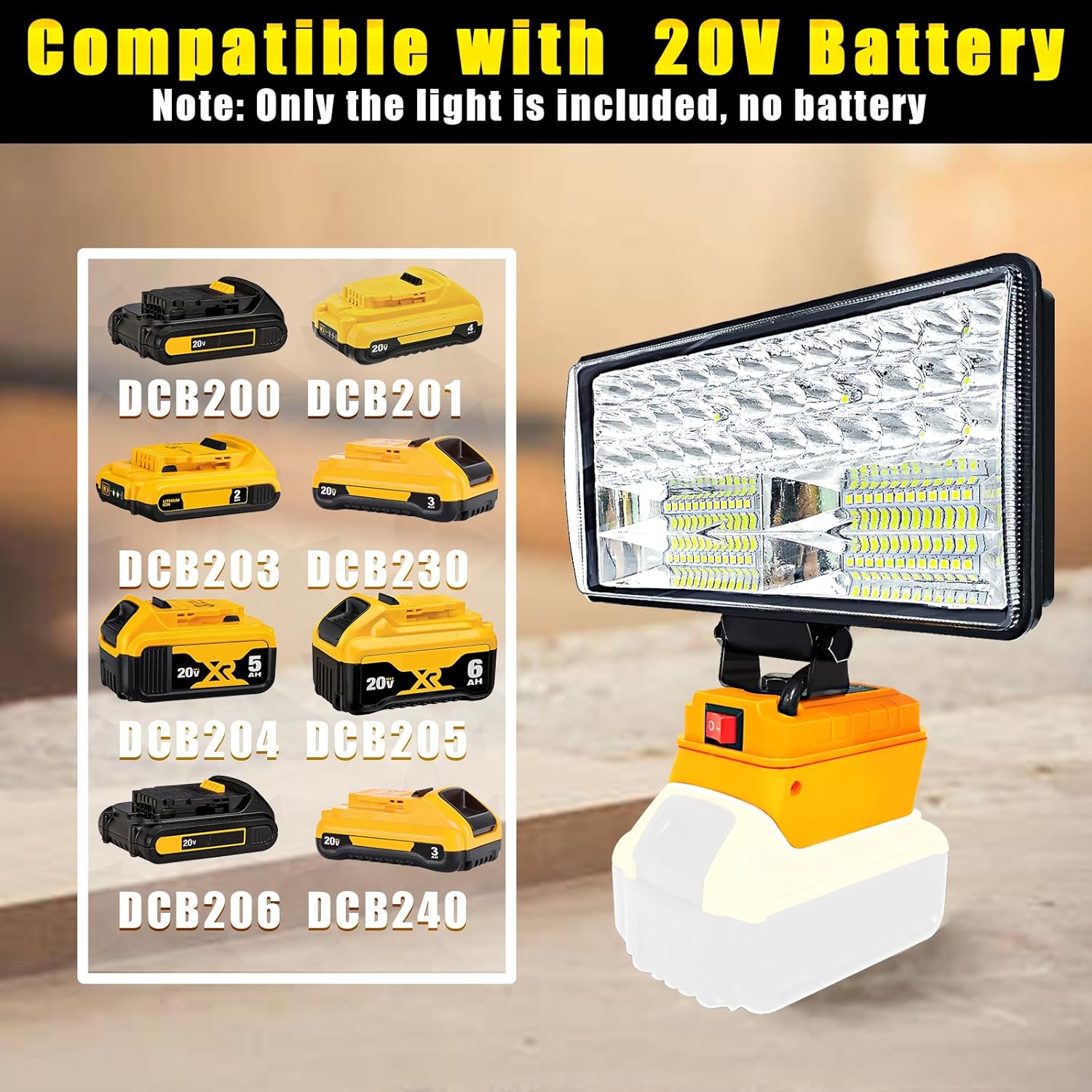 Luz de trabajo LED inalámbrica para batería Dewalt de 20 V, linterna de 90 W 5400 LM, luz de inundación LED de 8 pulgadas, luz de batería con 2