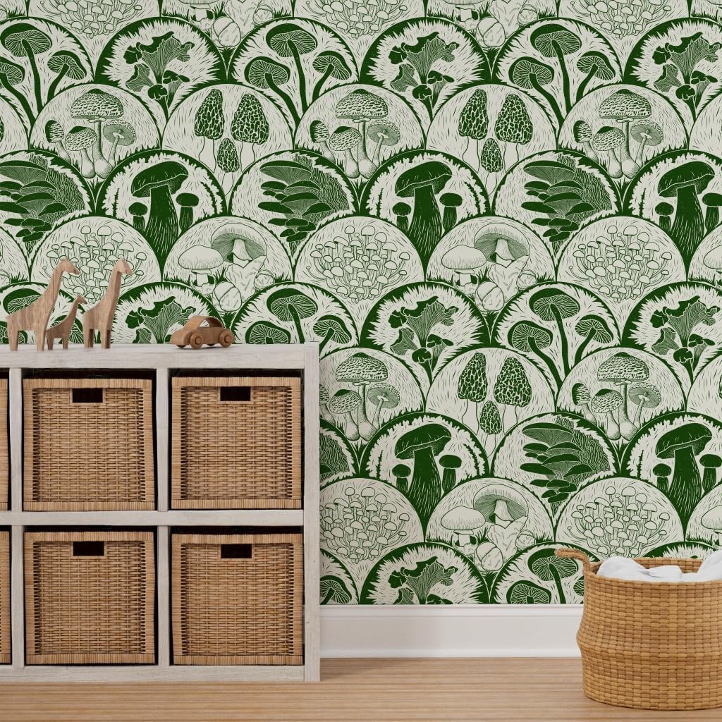 Spoonflower Papel tapiz autoadhesivo de 9 x 2 pies, diseño de hongos verdes, vieiras, bosque, hongos y hongos, estampado de bloques de hongos,