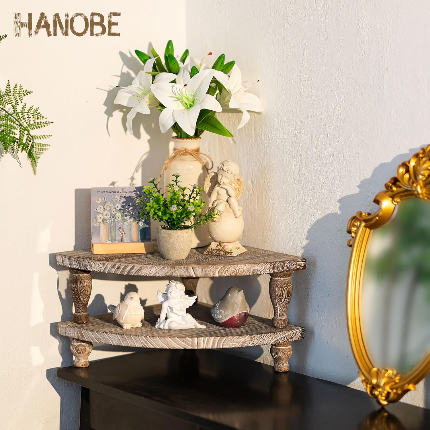Hanobe Elevador de madera para mostrador de esquina bandeja decorativa rústica, juego de 2 soportes de pedestal de madera para exhibición, bandejas