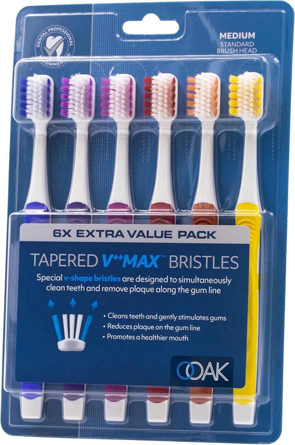 OOAK Cepillo de dientes, cerdas medianas cónicas V++Max, paquete de 6, varios colores