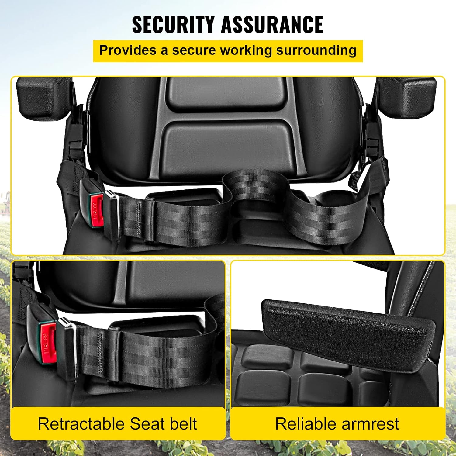 Bestauto Asiento de carretilla elevadora plegable universal con cinturón de seguridad retráctil, reposabrazos, asiento ajustable para excavadora,