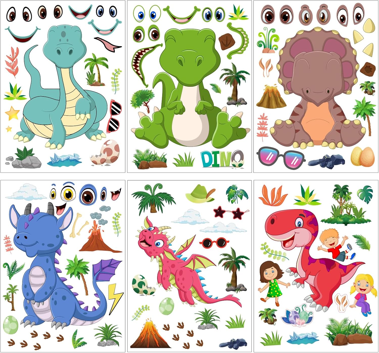 24 hojas de calcomanías de dinosaurio para niños, haz tus propias calcomanías de dinosaurio, calcomanías de dinosaurio para actividades escolares,