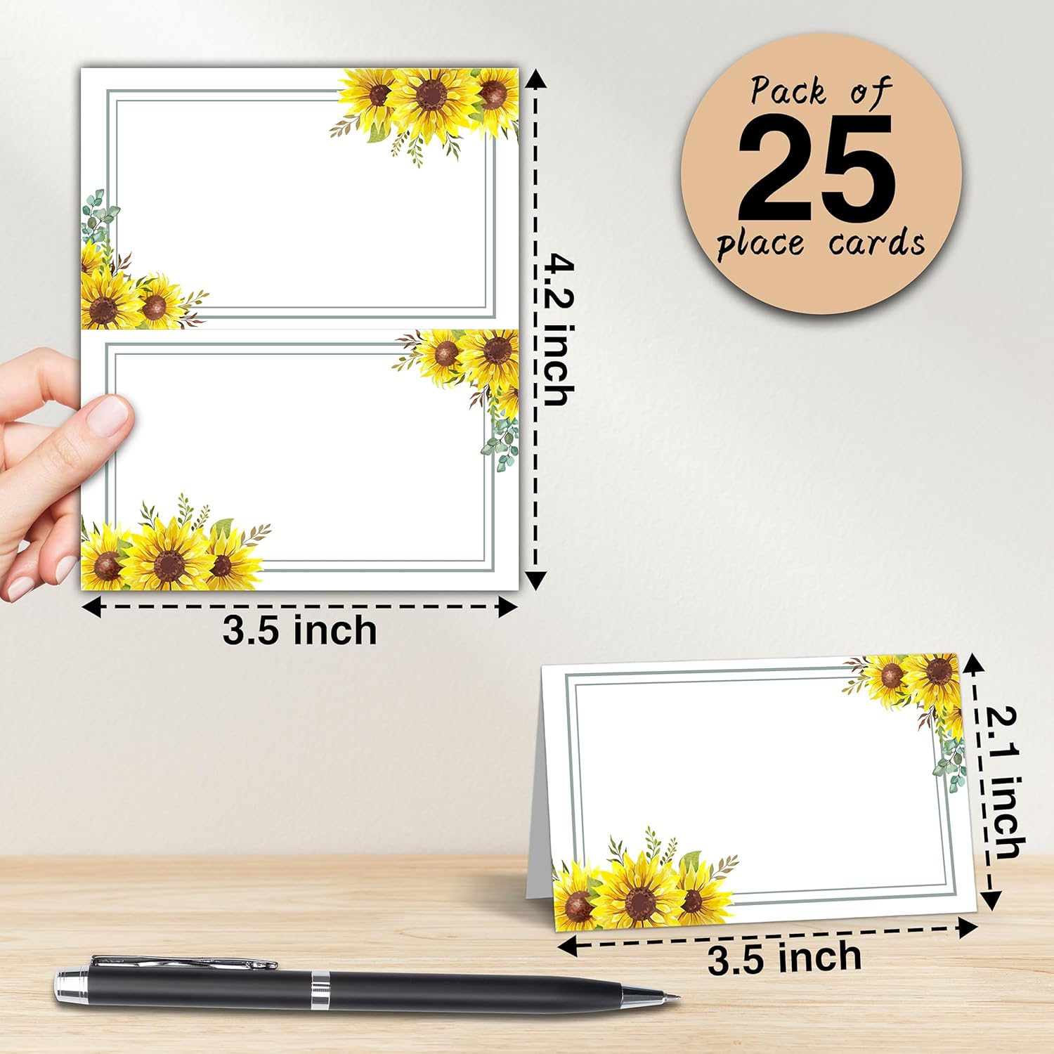 Tarjetas de lugar de girasol para colocar la mesa, 25 tarjetas de lugar con nombre de media pliegue, tarjetas estilo tienda de campaña para