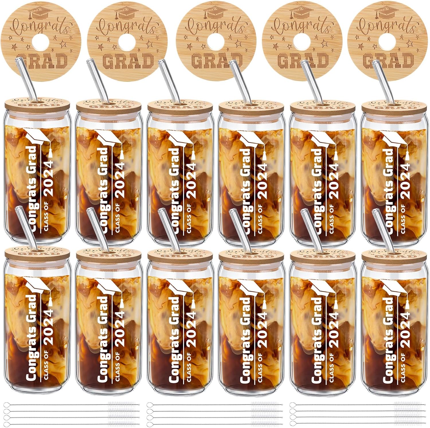12 vasos de vidrio con tapas de bambú y popote de vidrio para ella y él, regalos de graduación de graduación de maestría universitaria, 16 onzas,