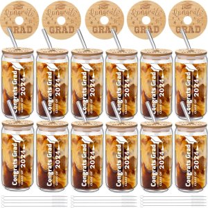 12 vasos de vidrio con tapas de bambú y popote de vidrio para ella y él, regalos de graduación de graduación de maestría universitaria, 16 onzas, 12 vasos de vidrio con tapas de bambú y popote de vidrio para ella y él, regalos de graduación de graduación de maestría universitaria, 16 onzas,