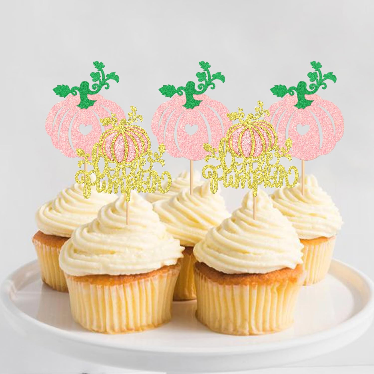 Ercadio Paquete de 24 adornos para cupcakes de calabaza con purpurina rosa, decoración de cupcakes de calabaza de otoño para el día de Acción de