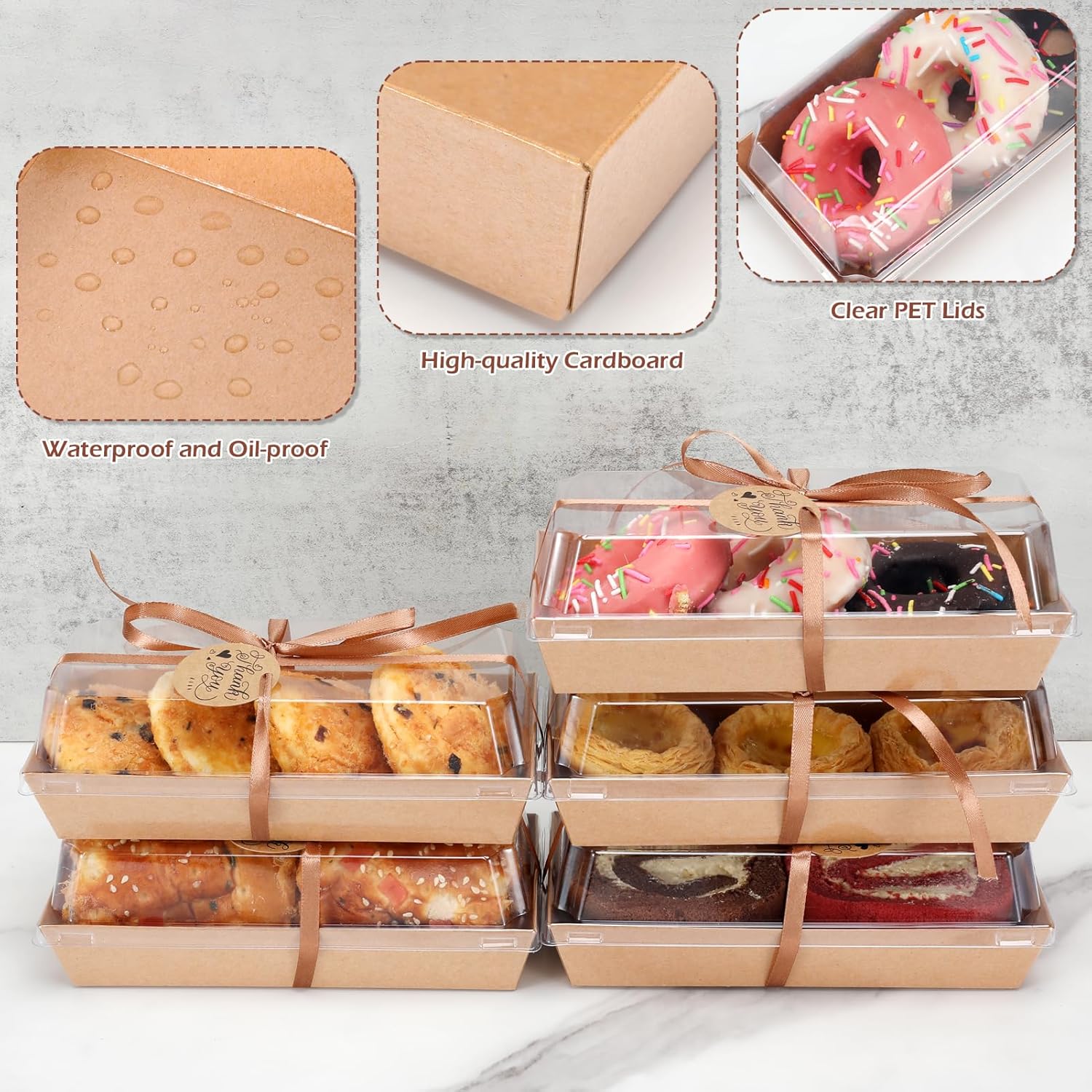 Paquete de 60 cajas de papel para embutidos con tapas transparentes y seguras, cajas de panadería marrón de 7.5 pulgadas con 2 rollos de cinta,