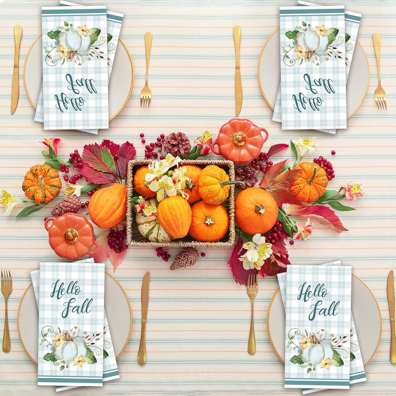 Paquete de 100 toallas de mano de papel desechables de color azul con texto en inglés Hello Fall, suministros de fiesta de calabaza, a cuadros,