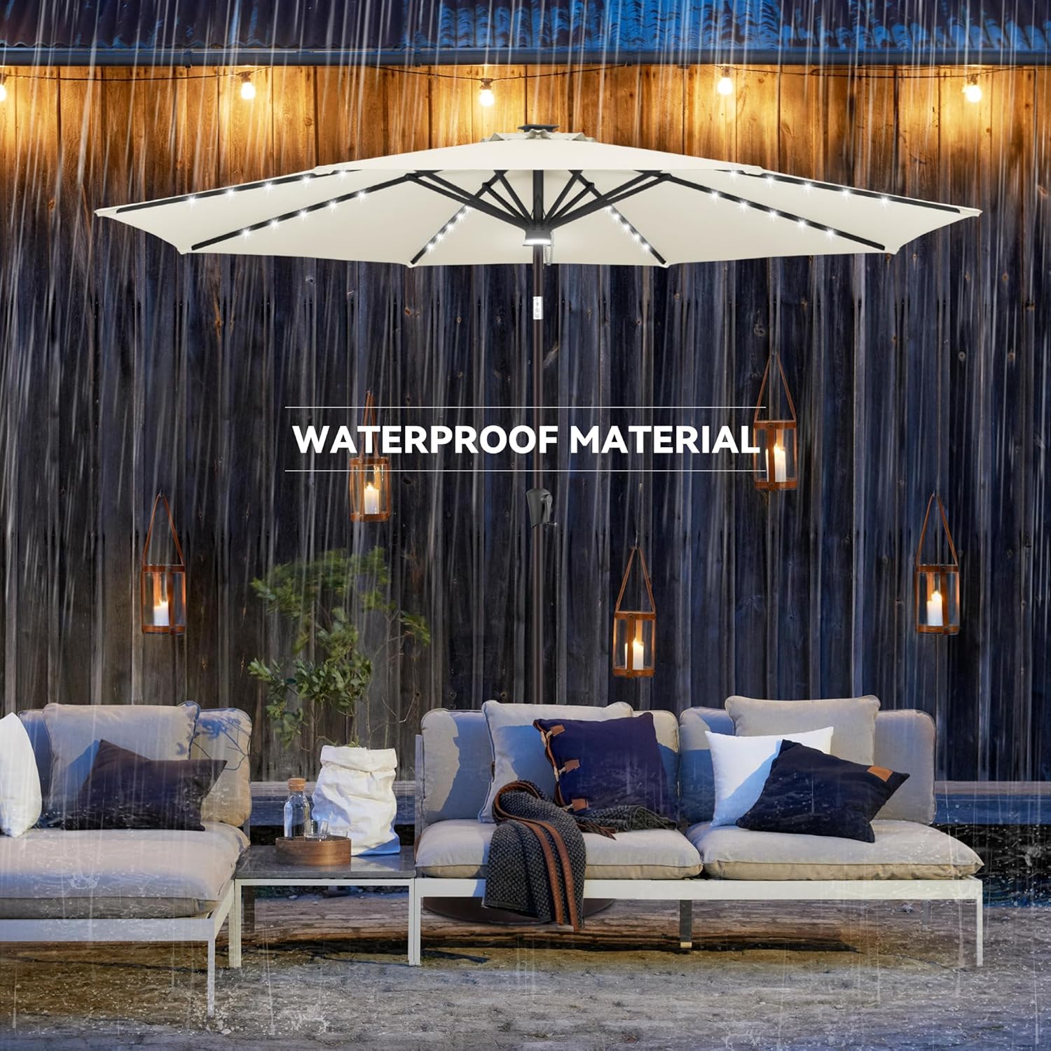 uHousDeco Sombrilla solar LED de 10 pies para patio y playa, impermeable y resistente al óxido, poste de acero marfil