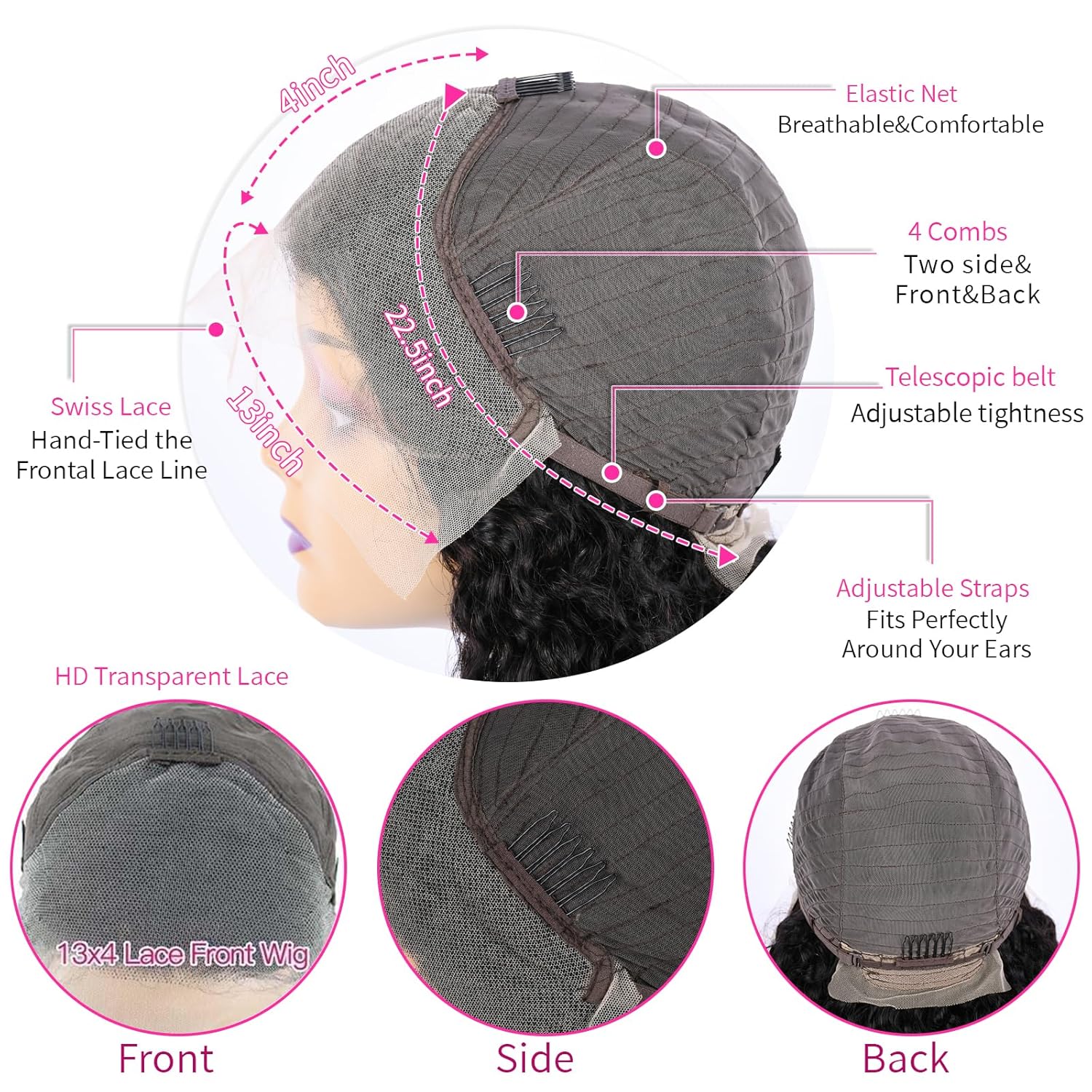 NANTLIY Pelucas de cabello humano brasileño ondulado con encaje frontal de 13 x 4 pulgadas, prearrancado, densidad del 180%, para mujeres negras,