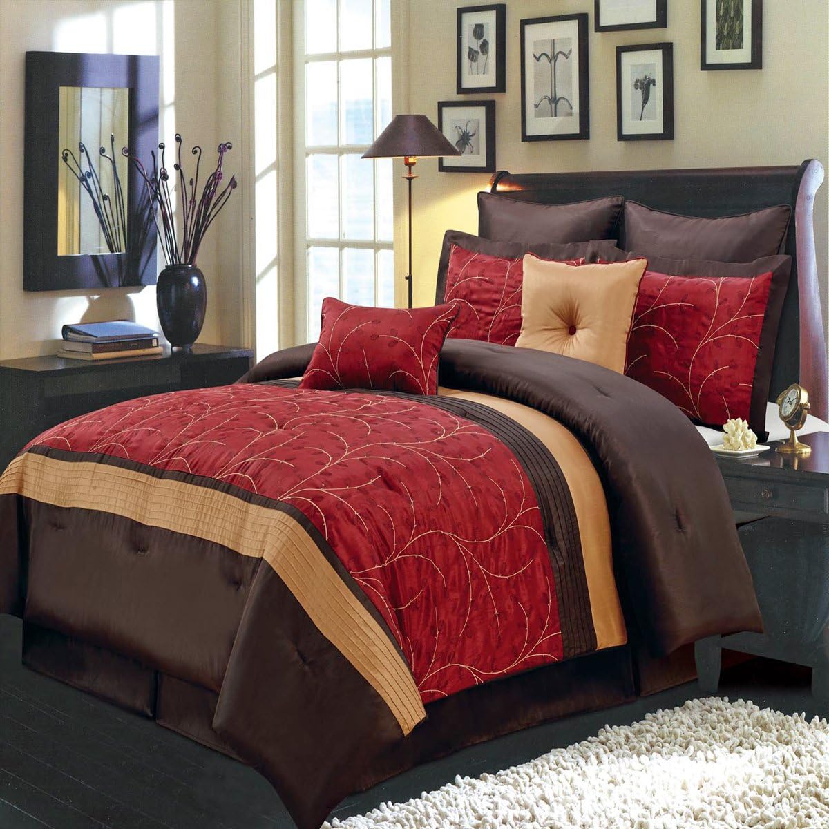 Royal Hotel Bedding Atlantis – Juego de edredón de lujo de 8 piezas tamaño California King, rojo, dorado y chocolate, incluye edredón, falda de