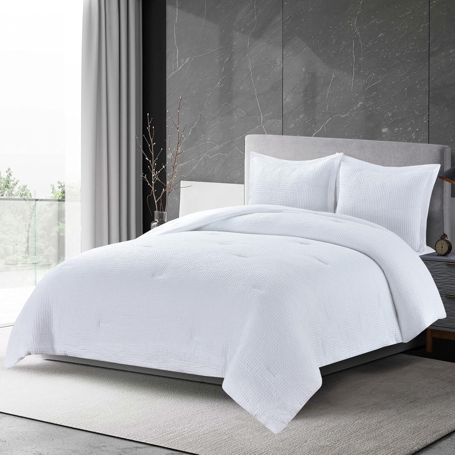 Chezmoi Collection Wilmer – Juego de edredón de 3 piezas con tejido de gofre, suave y acogedor para todas las estaciones, tamaño Queen, color blanco