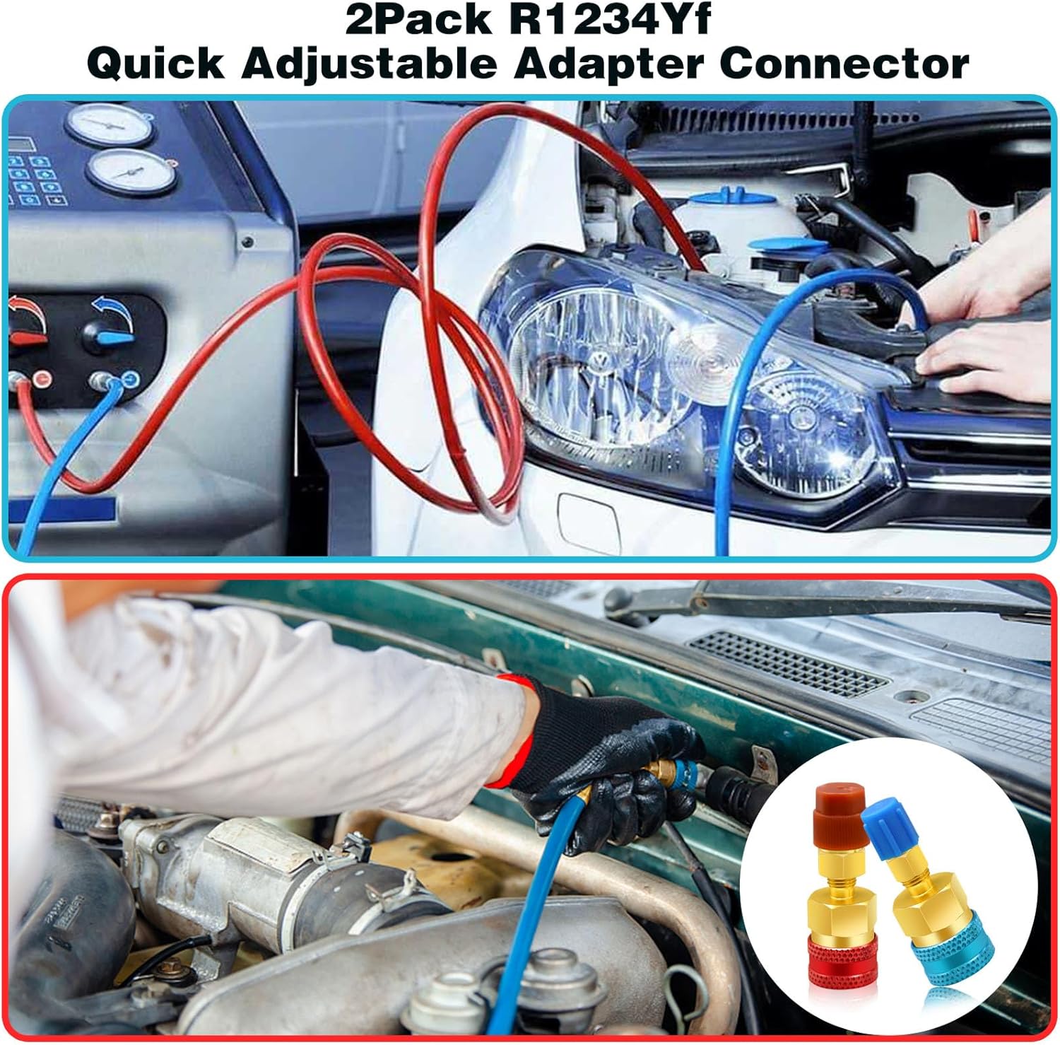 2 adaptadores R1234yf a R134a, kit de acopladores rápidos, kit de recarga de refrigerante R1234yf, adaptadores de lado altobajo R134a a R1234yf para