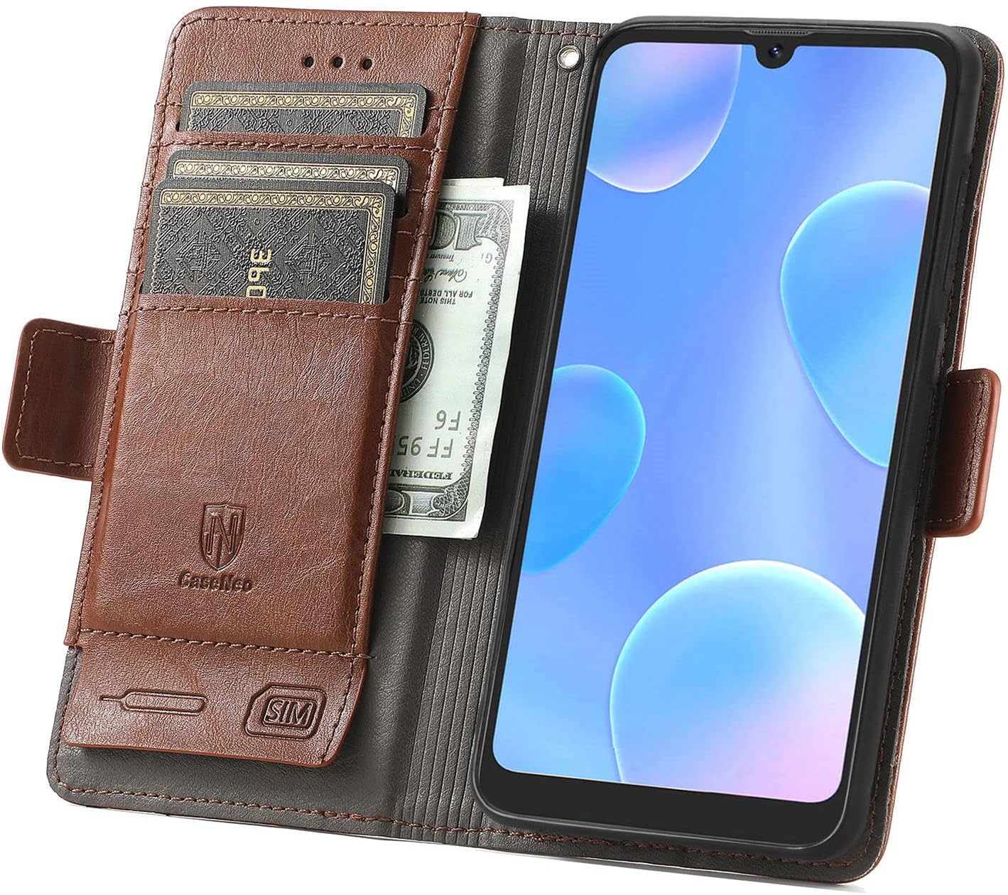 Funda para Honor X7 Cover, Case for Honor Play 30+ Plus Funda de piel sintética con ranuras para tarjetas Funda con soporte abatible Marrón