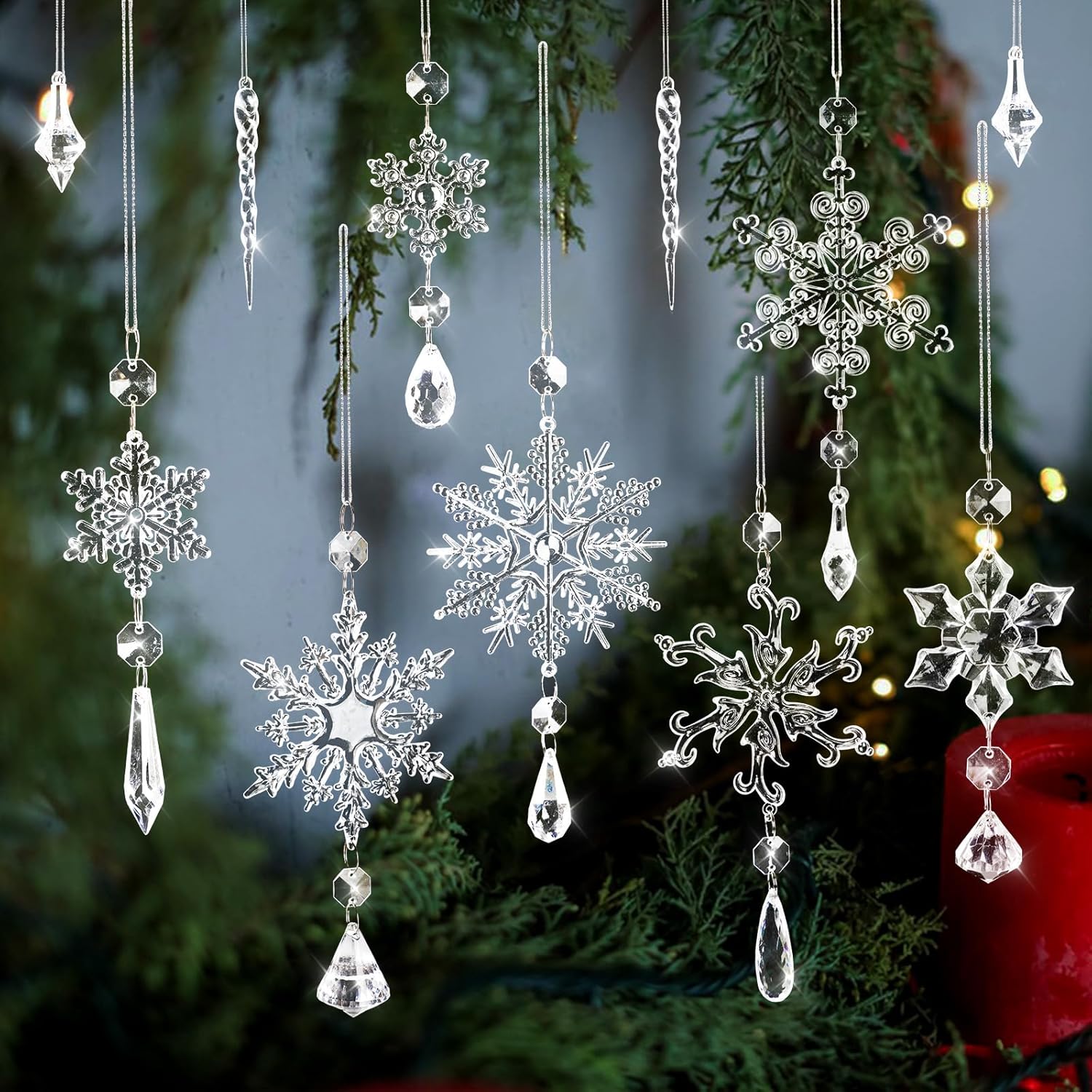 Adornos para árbol de Navidad, 16 piezas de adornos de copo de nieve de cristal, decoraciones colgantes de acrílico carámbanos de copo de nieve,