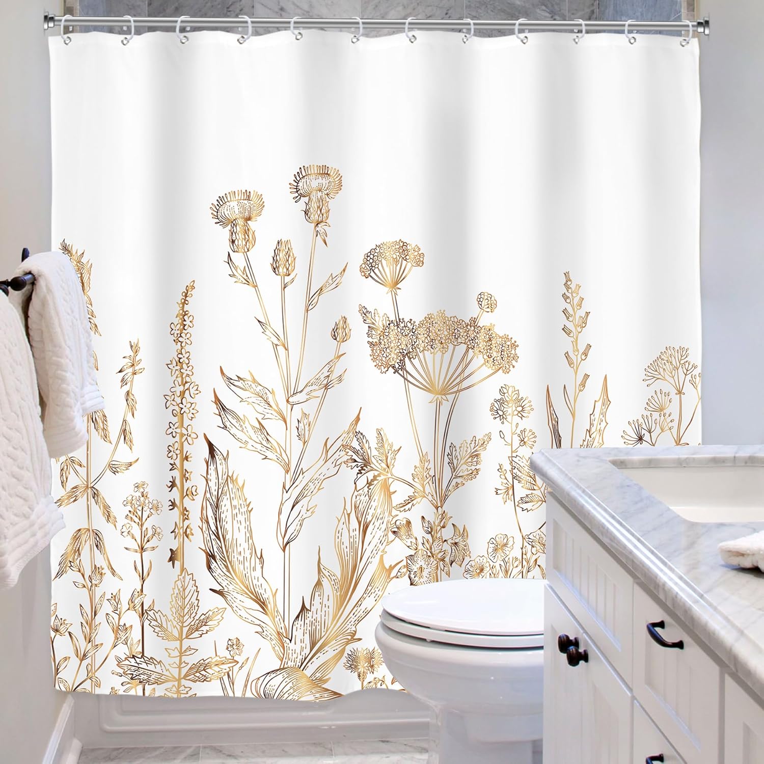 Riyidecor Cortina de ducha con flores silvestres florales de oro blanco para decoración de baño, 72 pulgadas de ancho x 72 pulgadas de alto, hierbas