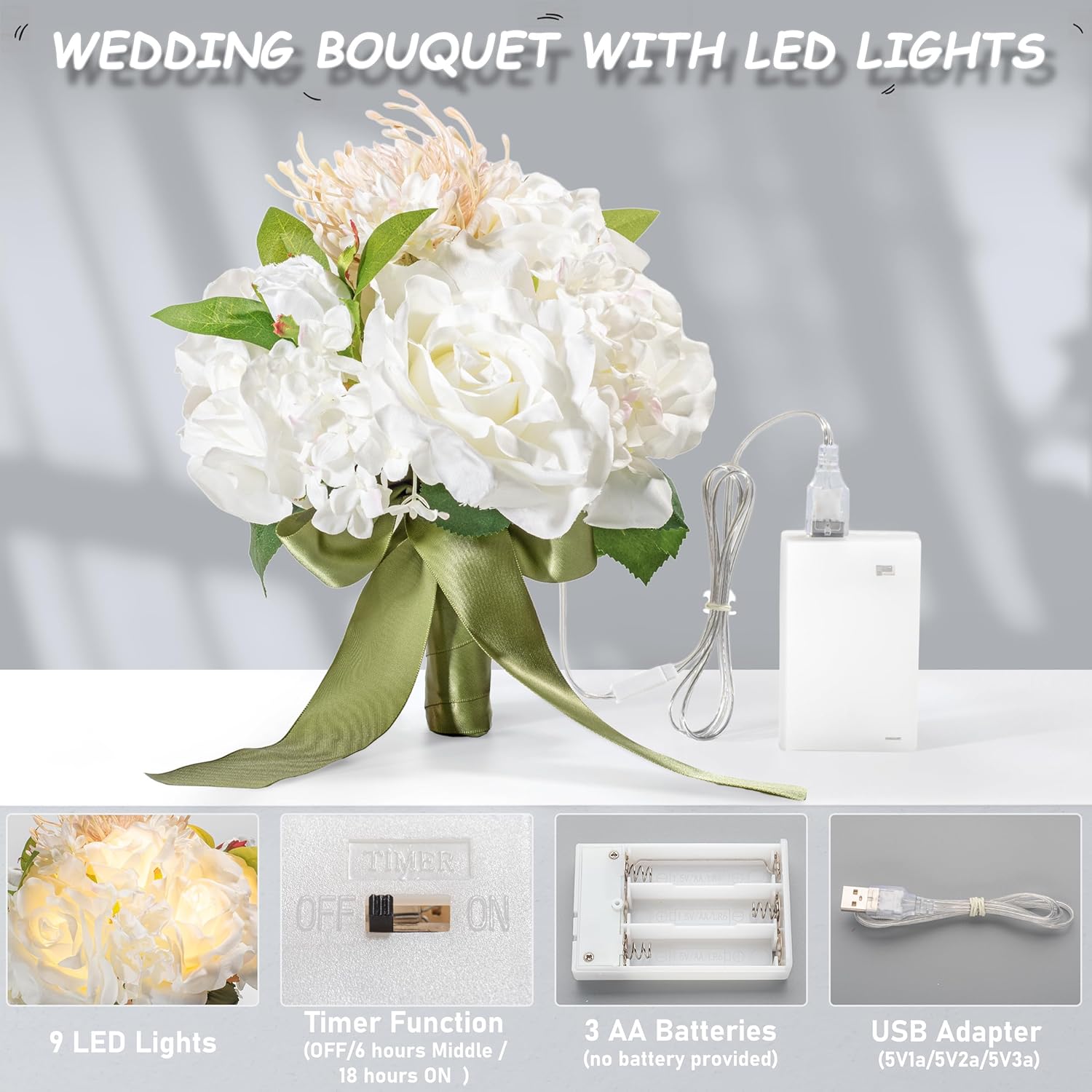 VoKaSar Flor falsa de rosa blanca artificial con luces, ramo de dama de honor de novia de 8.2 pulgadas, luz nocturna para sala de estar, dormitorio,