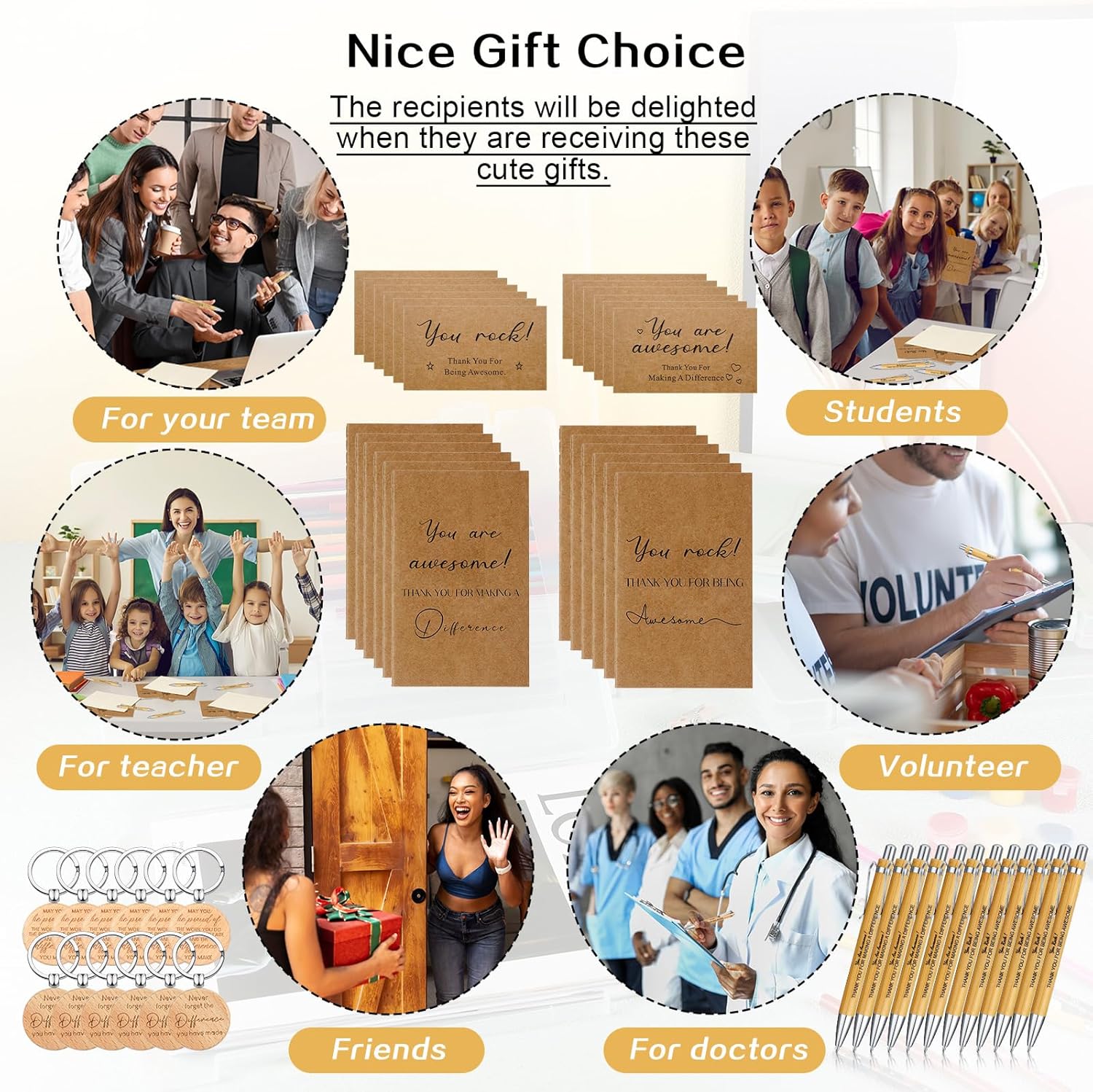 SATINIOR Regalos de agradecimiento para empleados, bolígrafos retráctiles de bambú retráctiles, llaveros inspiradores de madera, cuadernos de papel