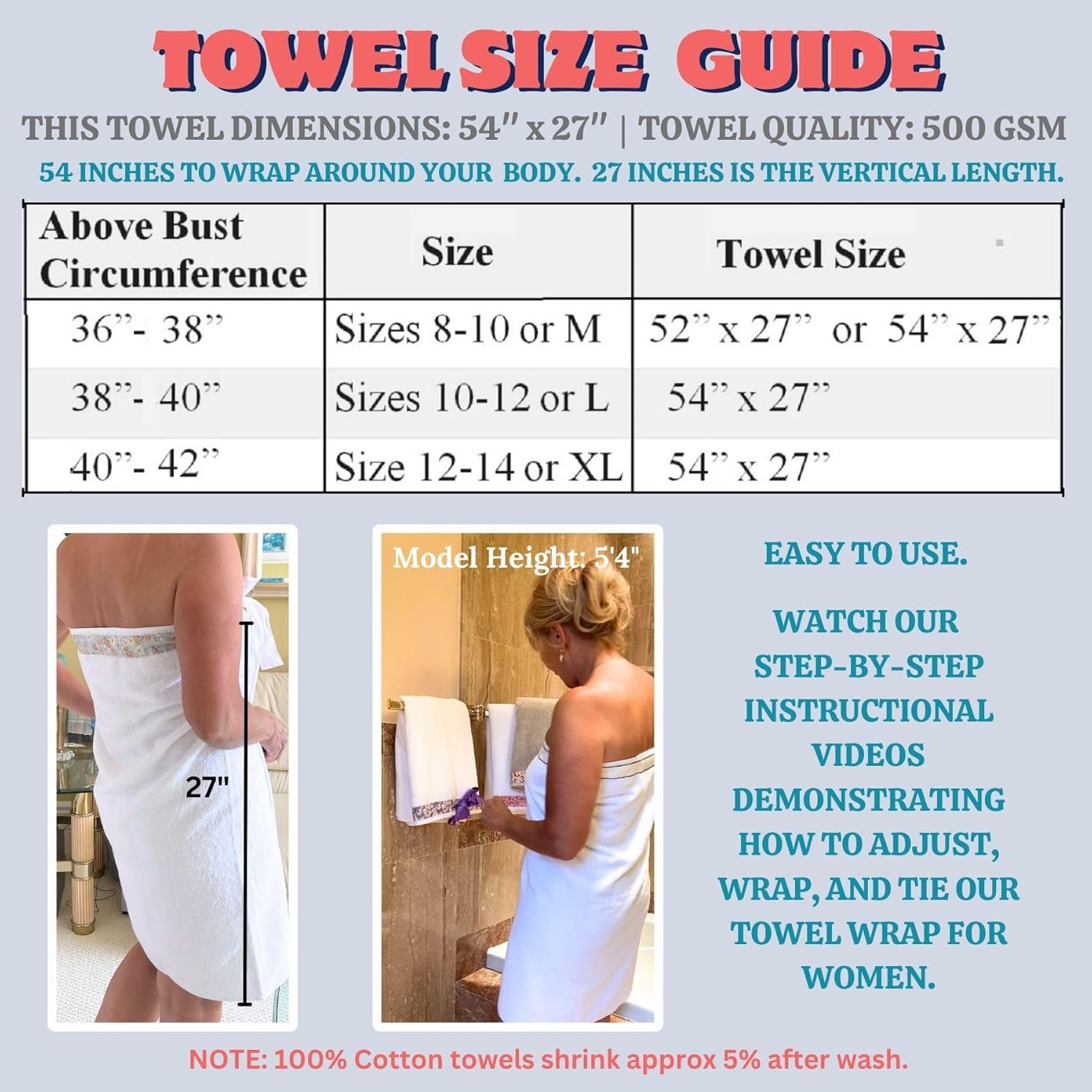 Toalla sin velcro y envoltura de toalla para mujer, todo en uno con cierre de corbata. Toallas de baño para mujer, toalla de ducha para mujer,