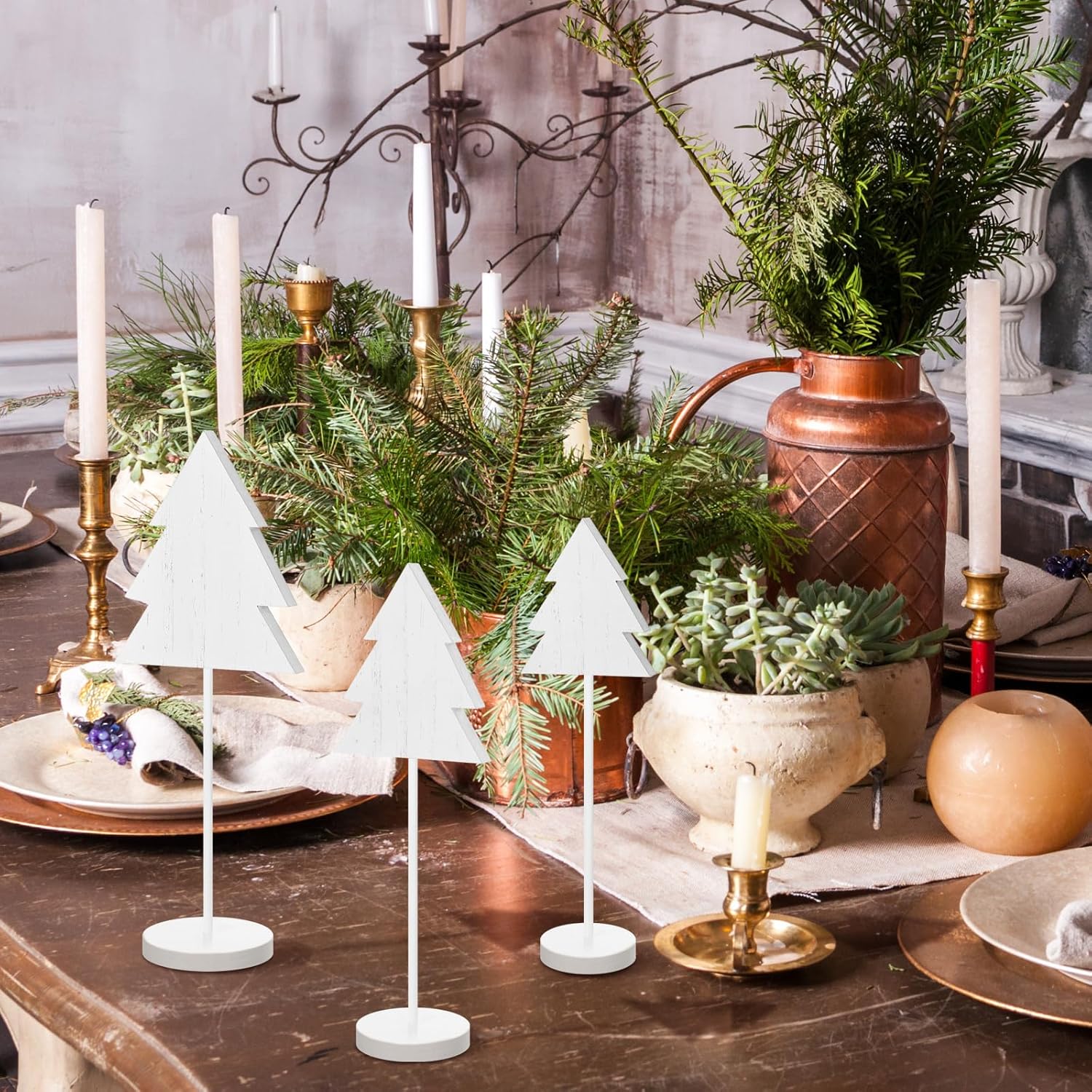3 piezas de decoración de mesa de Navidad de pie alto blanco madera árbol de Navidad letreros de mesa de madera de Navidad decoración rústica centro
