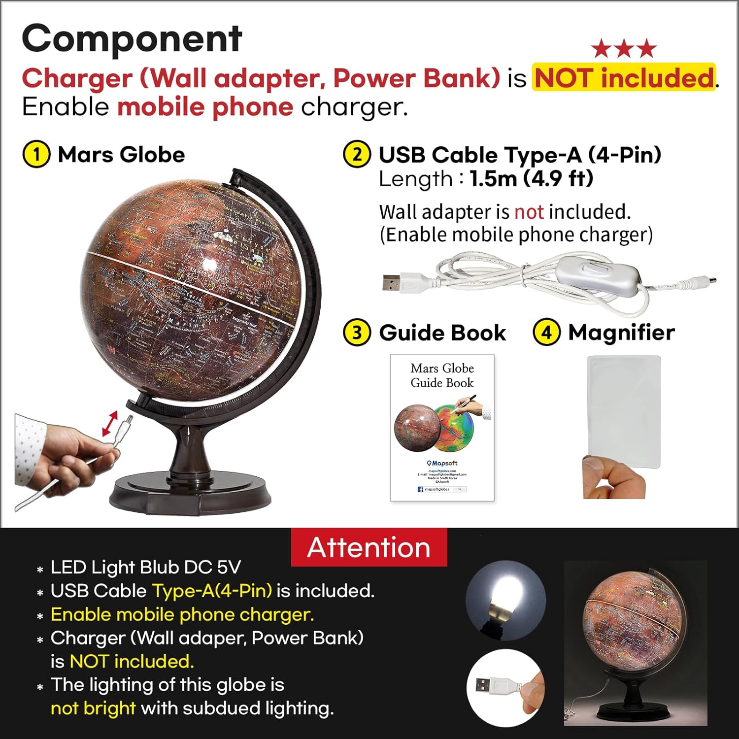 Mapsoft Prime – Globo iluminado de Marte rojo, latín, 11.8 in, RI-30