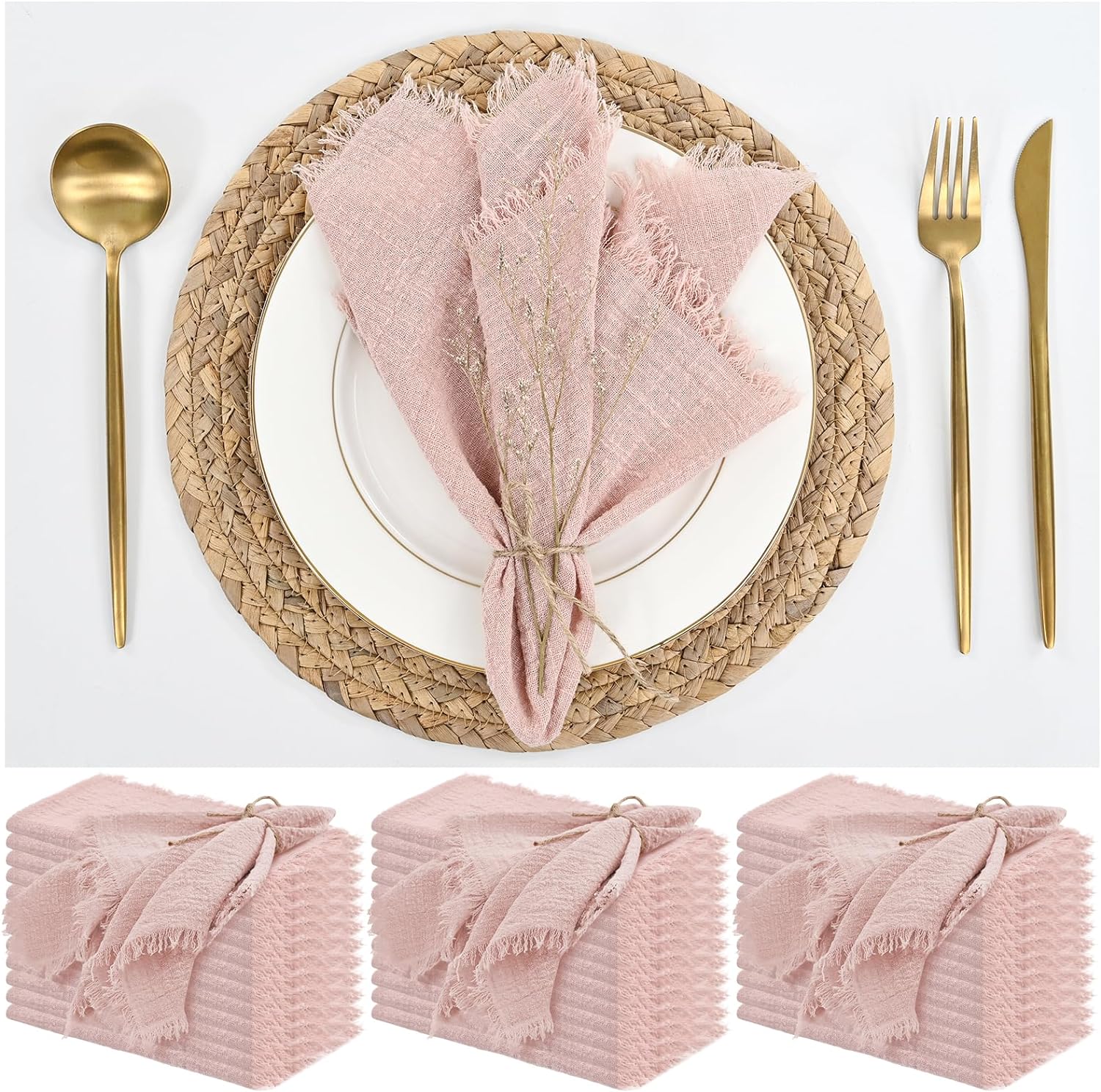 Paquete de 36 servilletas de tela rosa de algodón y lino de 16 x 16 pulgadas, hechas a mano con flecos, servilletas suaves, lavables, rústicas, para