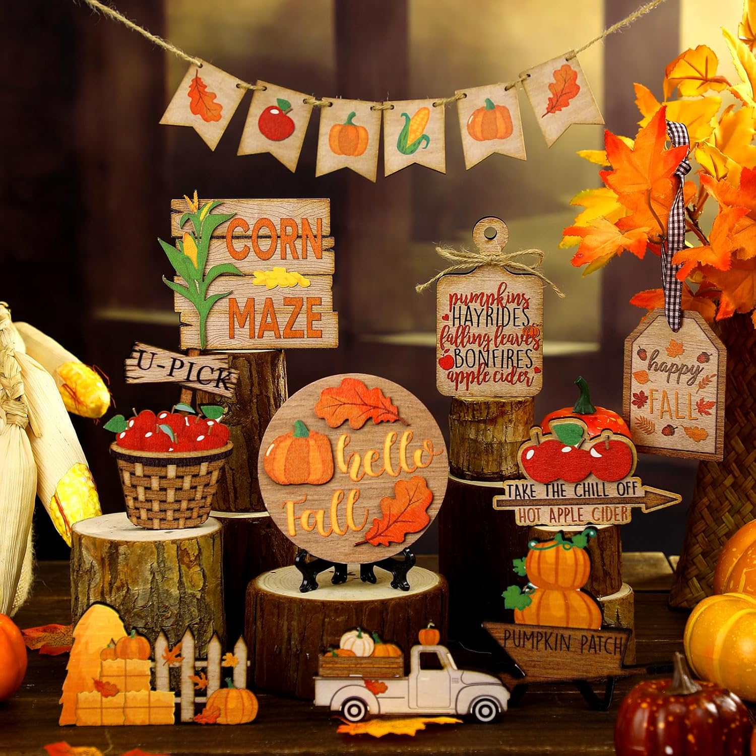 Juego de 15 bandejas escalonadas de otoño, decoración de calabaza, decoración de casa de campo, centros de mesa de hojas de arce de otoño, cosecha