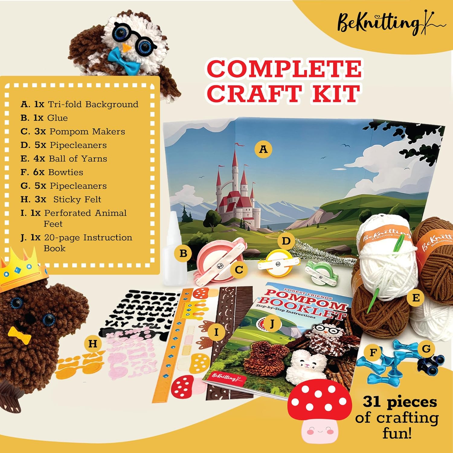 BeKnitting Kit de manualidades para hacer pompones para niños, completo con hilo, fabricantes de pompones y calcomanías