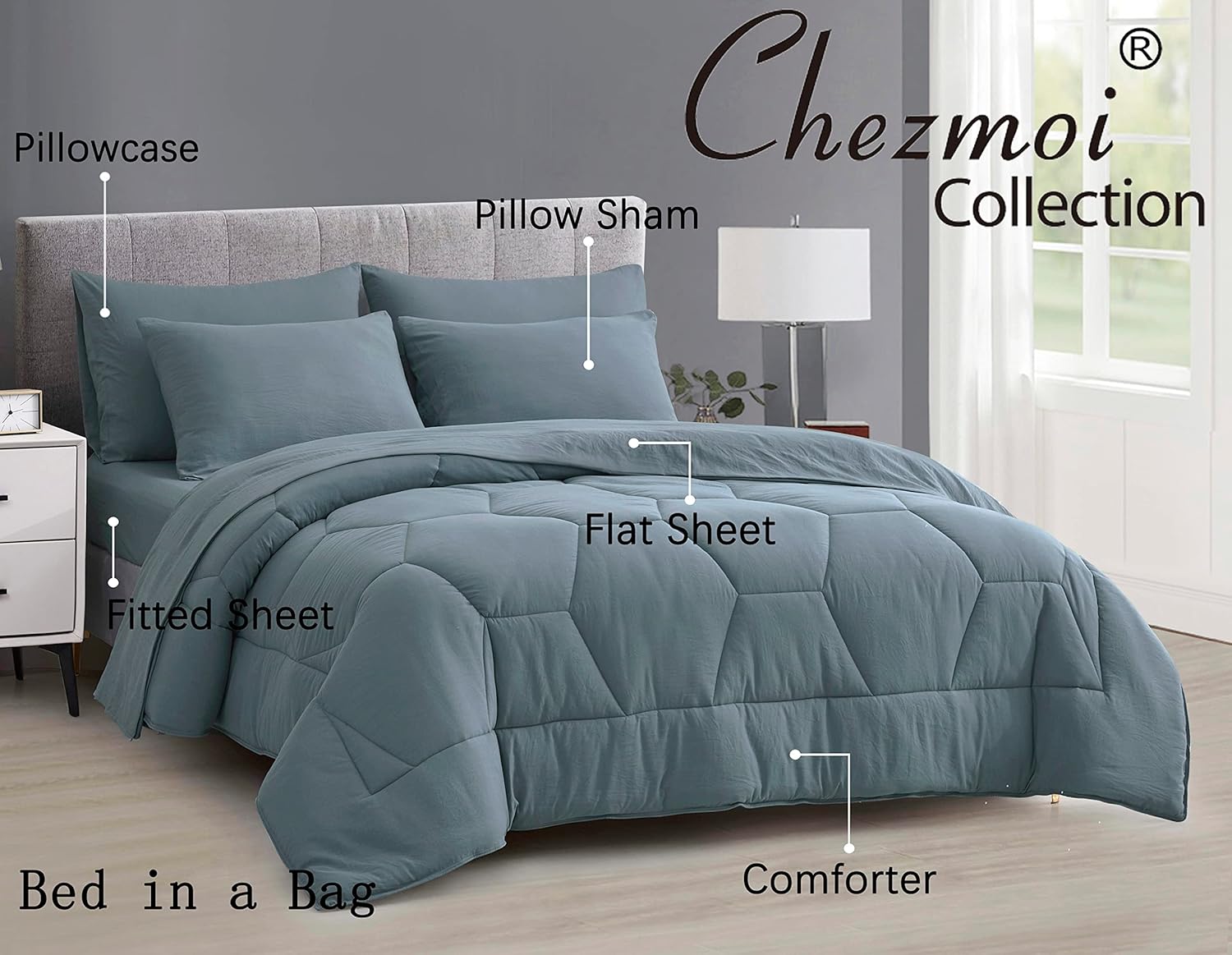 Chezmoi Collection Piper – Juego de cama matrimonial en una bolsa, 7 piezas, acolchado hexagonal de panal de abeja, suave lavado, microfibra de