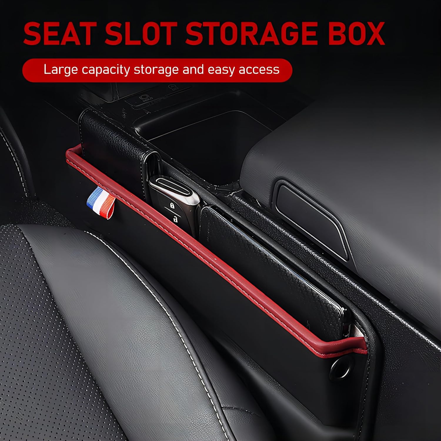 Gseigvee Organizador de espacio para automóvil, 1 unidad, para rellenar espacio de asiento, caja de almacenamiento de cuero con agujero para cable,