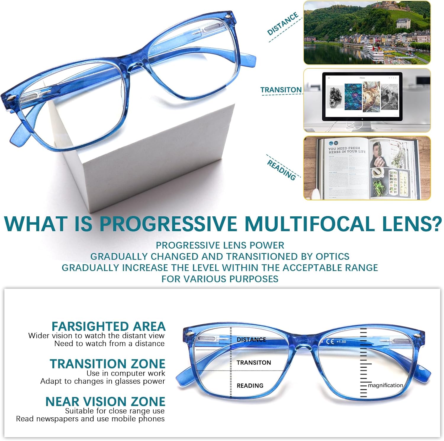 VIDEBLA Paquete de 3 lentes de lectura progresivos multienfoque para mujeres y hombres, bloqueo de luz azul, bisagras de resorte para computadora