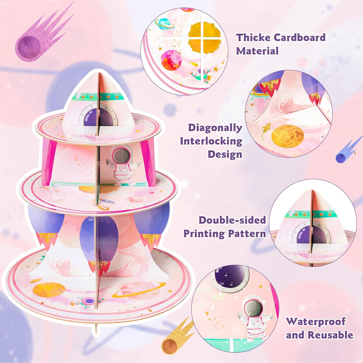 ANGOLIO Soporte para cupcakes de 3 niveles para el espacio exterior, suministros de fiesta para niños, decoración de fiesta de cumpleaños, temática