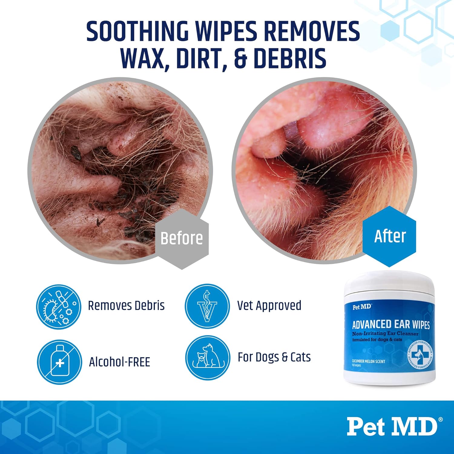 Pet MD Advanced Otic – Toallitas limpiadoras de oídos para gatos y perros, fórmula veterinaria trata infecciones de oído, 100 unidades