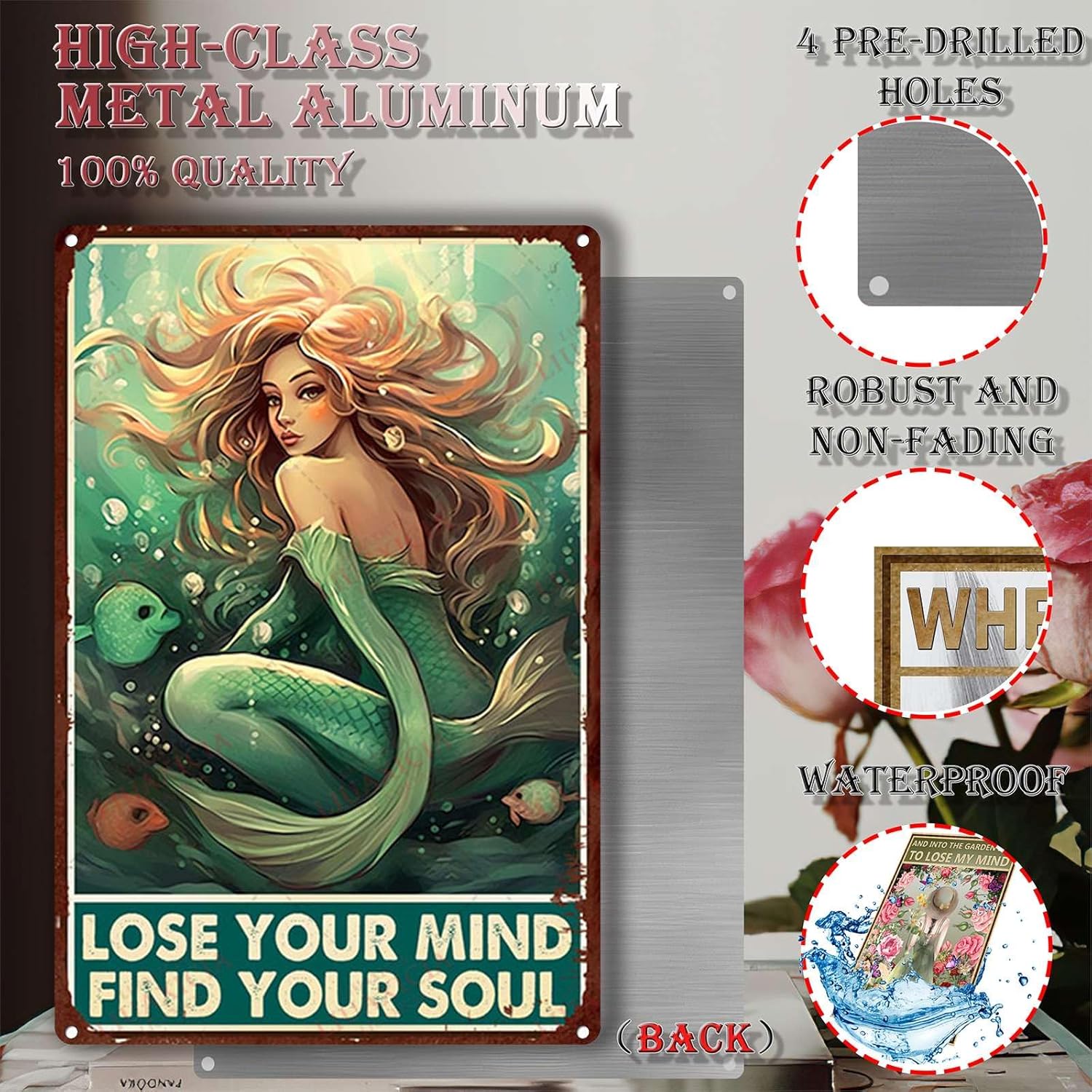 Letrero de metal con texto en inglés “Lose Your Mind Find Your Soul”, diseño de sirena para pared, 8.00 x 12.00 pulgadas
