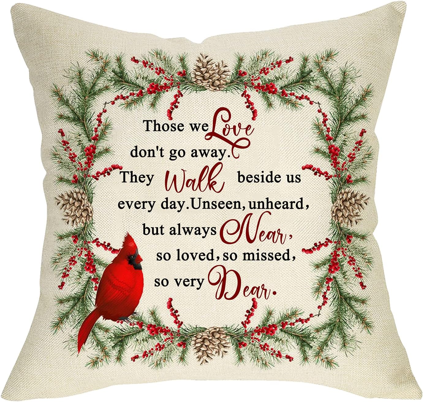 Softxpp Funda de almohada decorativa de cardenal de invierno, diseño de pájaros rojos de Navidad, conos de pino, con cita de cotización, bayas de