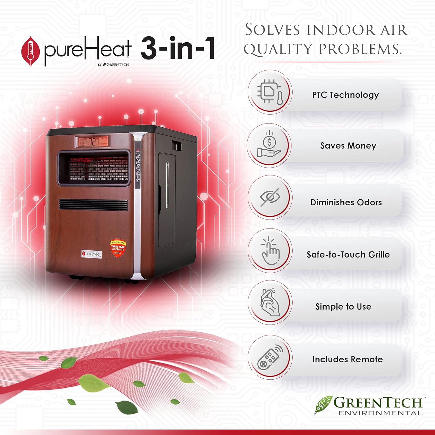 GreenTech Environmental PureHeat – Calentador 3 en 1, humidificador y purificador de aire, calentador personal, humidificador de aire y purificador,
