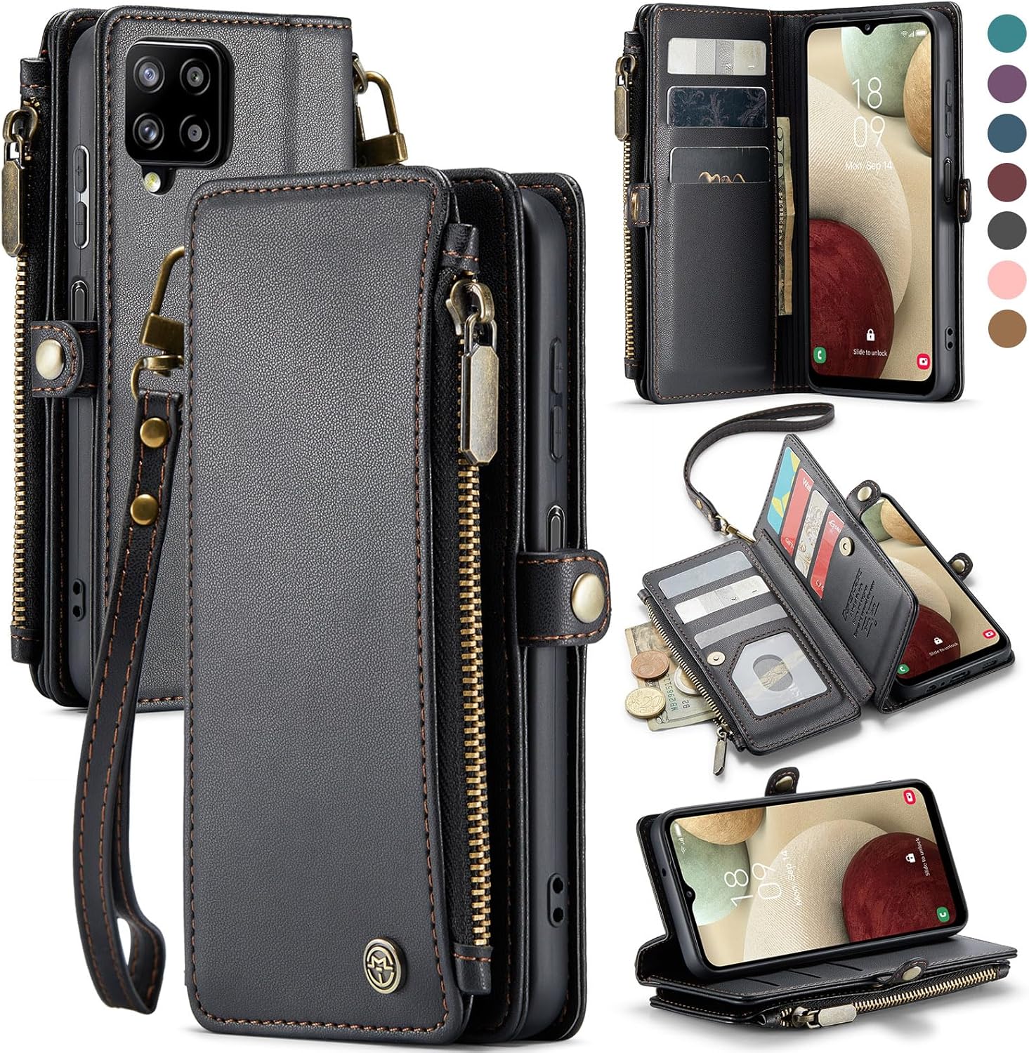 Defencase Funda para teléfono Samsung Galaxy A12, bloqueo RFID para Galaxy A12, cartera para mujeres y hombres, correa magnética de piel sintética,