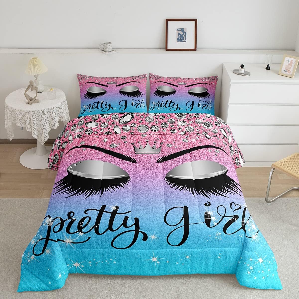 Juego de edredón de pestañas de unicornio para niños y niñas, juego de ropa de cama de lentejuelas de pestañas bonitas azul y rosa, juegos de