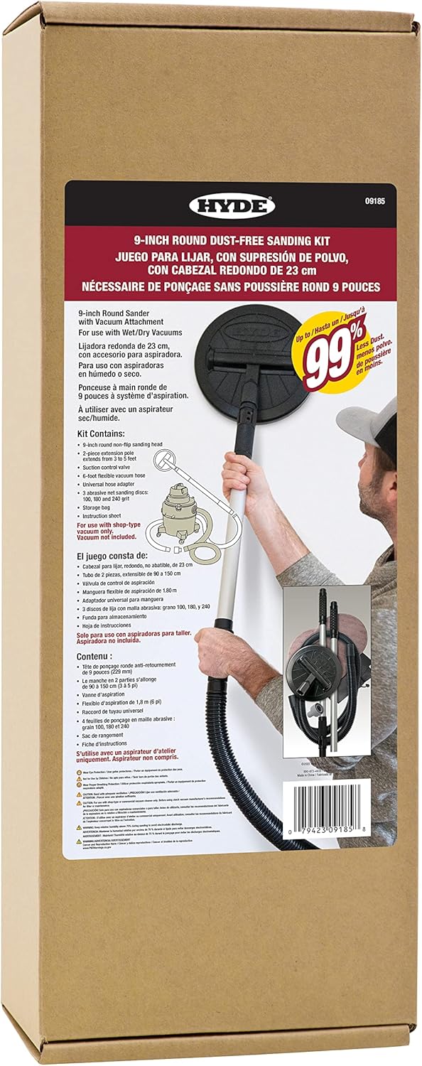 Hyde Lijadora redonda sin polvo de 9 pulgadas con poste de extensión ligero de dos piezas, cabezal pivotante para paredes o techos, manguera de 6