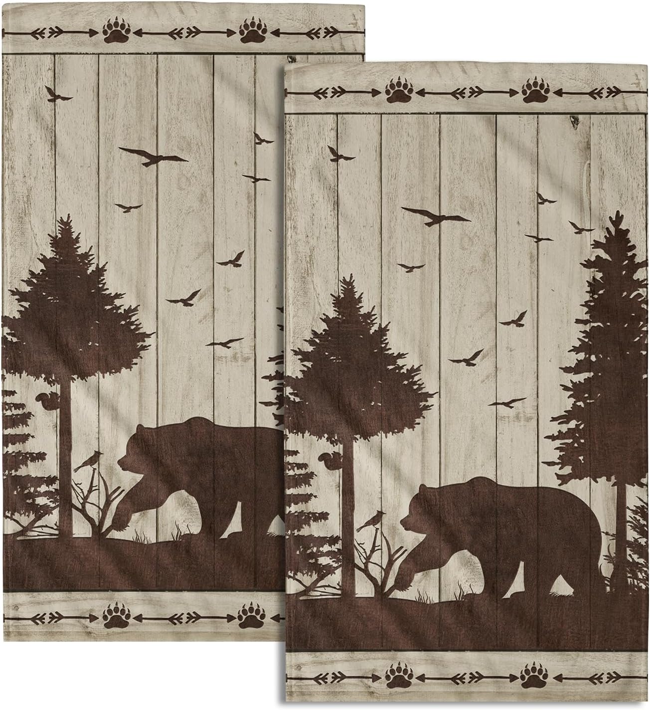 Juego de 2 toallas de mano con diseño de oso de animales salvajes, montaña, bosque, campamento, cabaña, toallas suaves y absorbentes, para