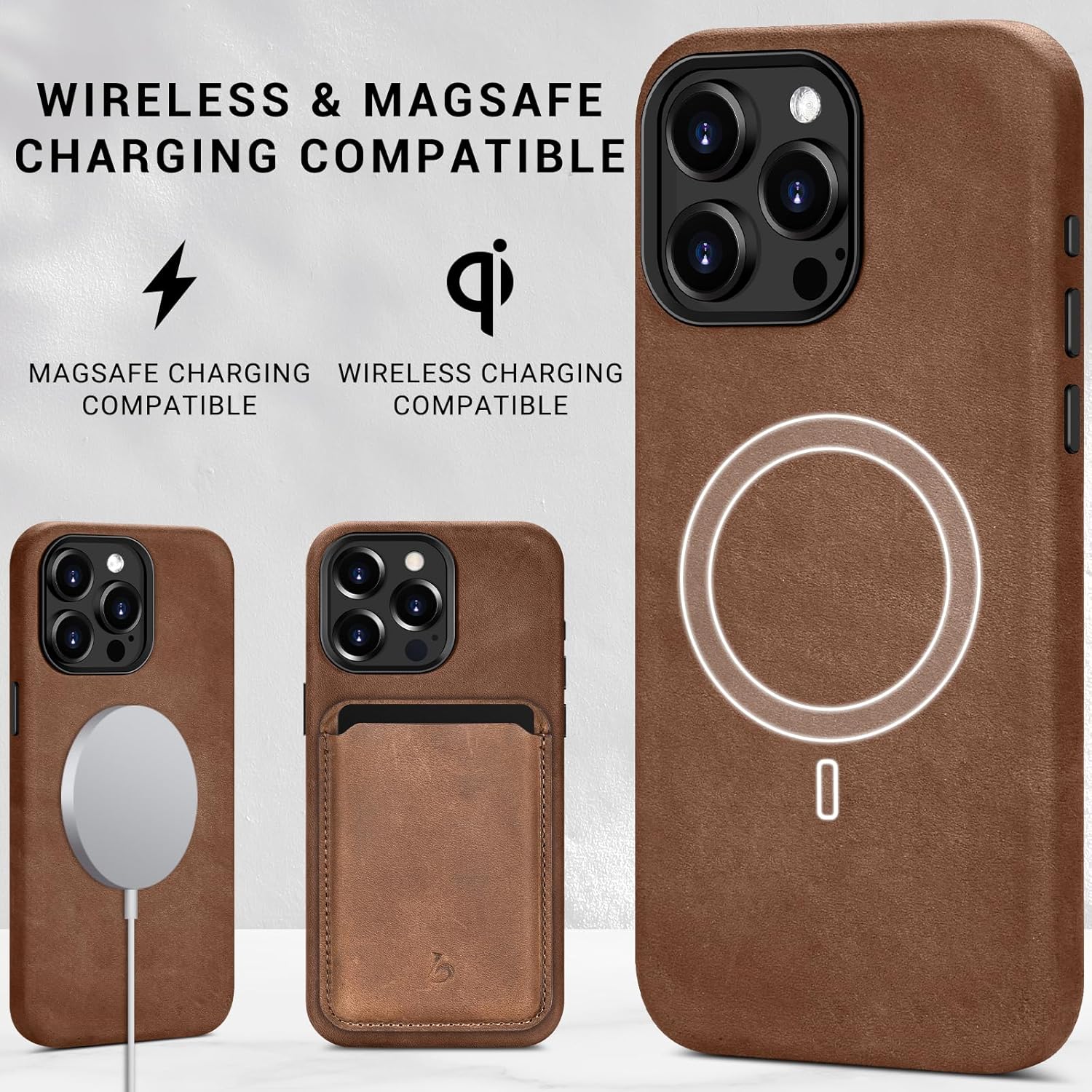 Belemay Magsafe – Funda de piel compatible con iPhone 15 Pro, piel de caballo loco vintage de grano superior, botones de metal y bisel de la cámara,