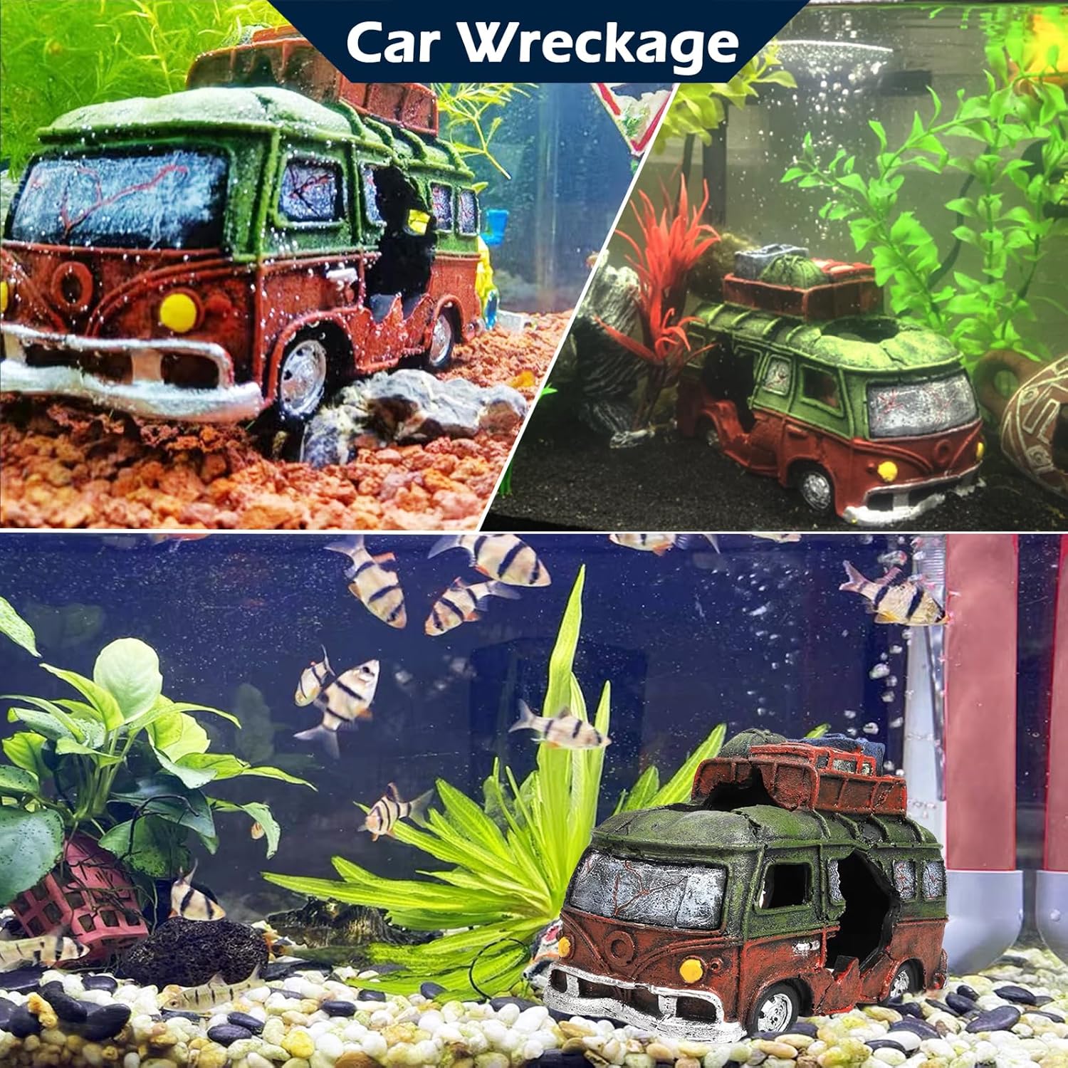 VMCN Adorno de acuario de restos de automóvil, restos de automóvil para pecera, decoración de paisaje subacuático, escondites de cuevas, suministros