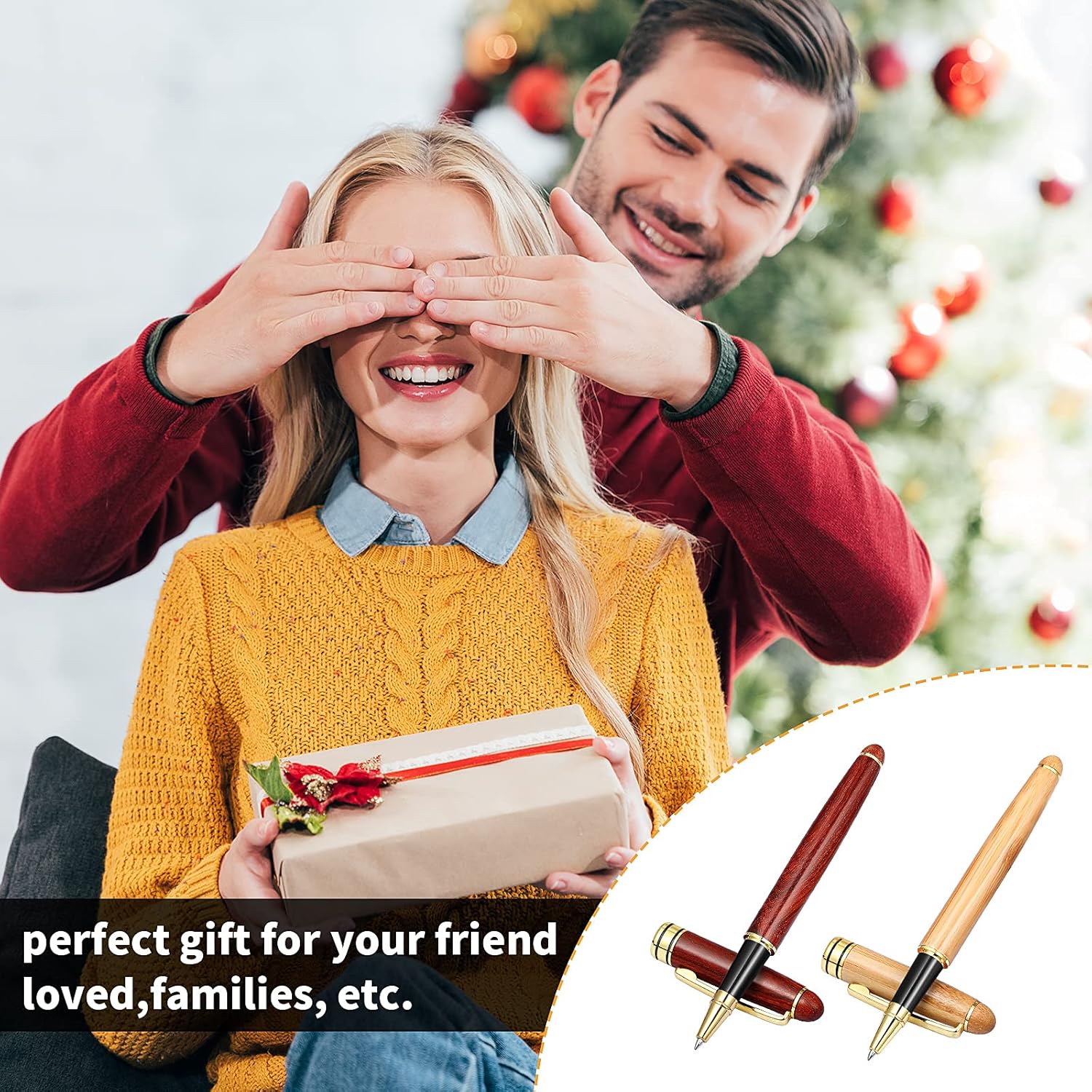 Zonon 2 bolígrafos de madera de bambú hechos a mano con 4 recambios de bolígrafo negro y 1 caja de regalo para Navidad, Día del Padre, San Valentín,