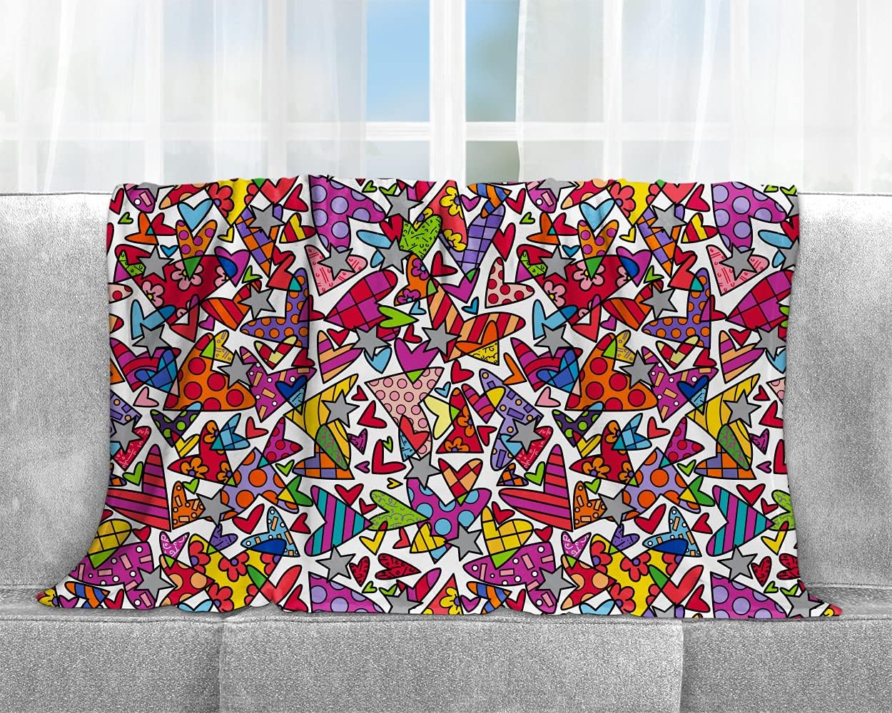 BRITTO Romero Luxe Manta y manta (Nube Nueve) Corazones Coloridos Patrón, 60 x 80 in..