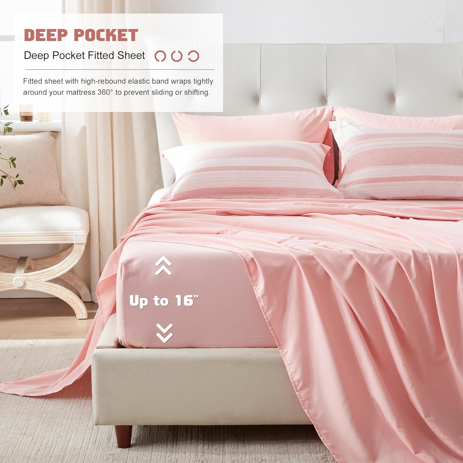 UNILIBRA Juego de edredón rosa tamaño Queen, 7 piezas de ropa de cama a rayas en una bolsa, juegos de ropa de cama ligera de teñido catiónico para