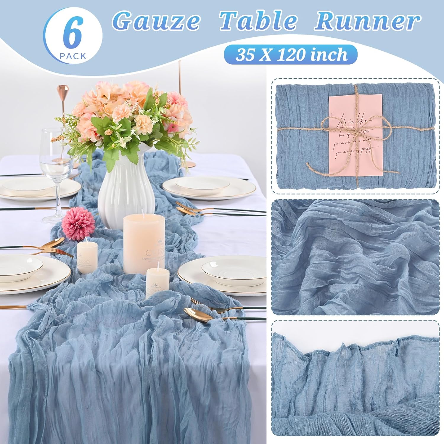 6 piezas de camino de mesa de gasa azul polvoriento de 10 pies, camino de mesa de gasa para boda, recepción, despedida de soltera, fiesta de