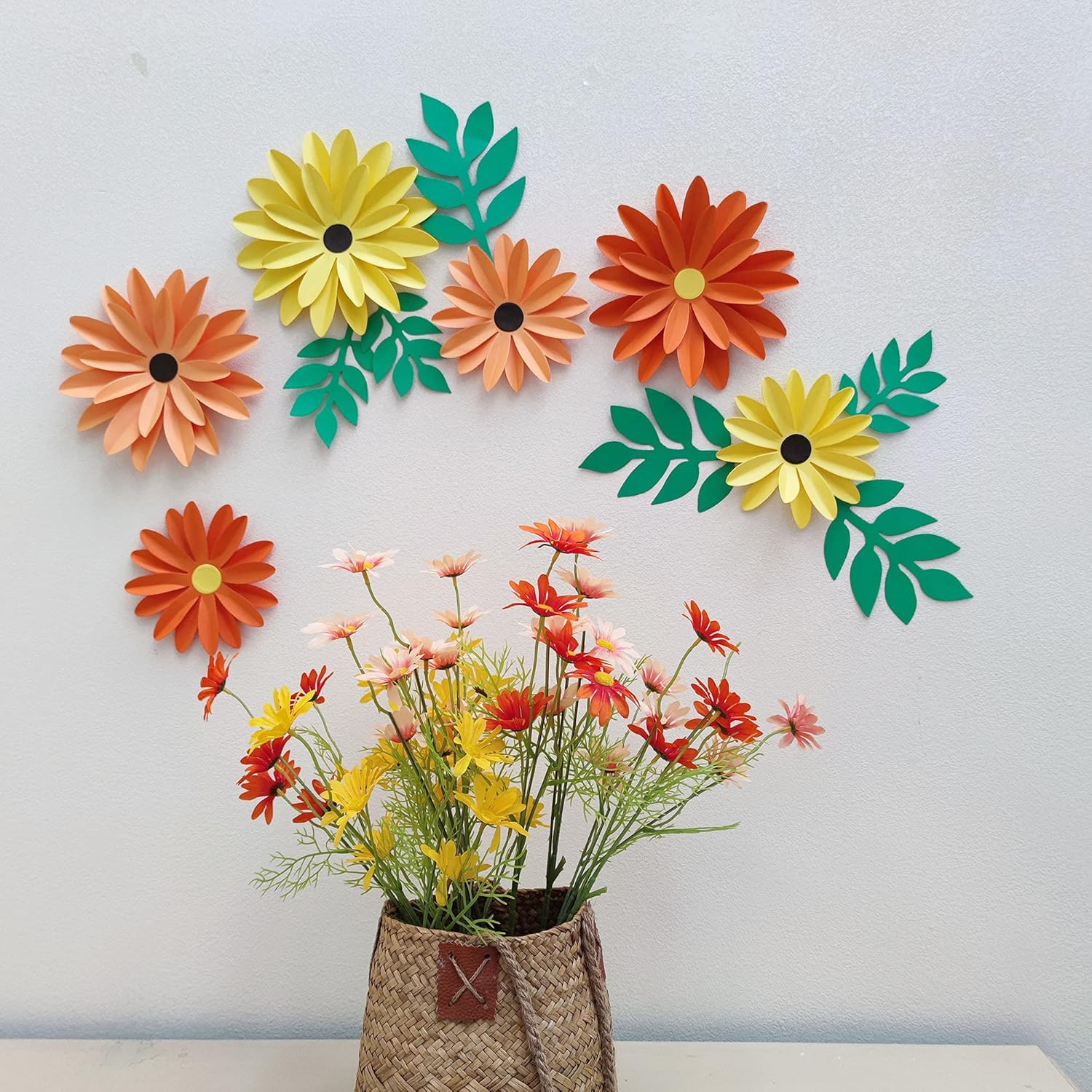 Girasoles de papel con hoja para telón de fondo de boda, despedida de soltera, centros de mesa de boda, decoración de pared de guardería (naranjas